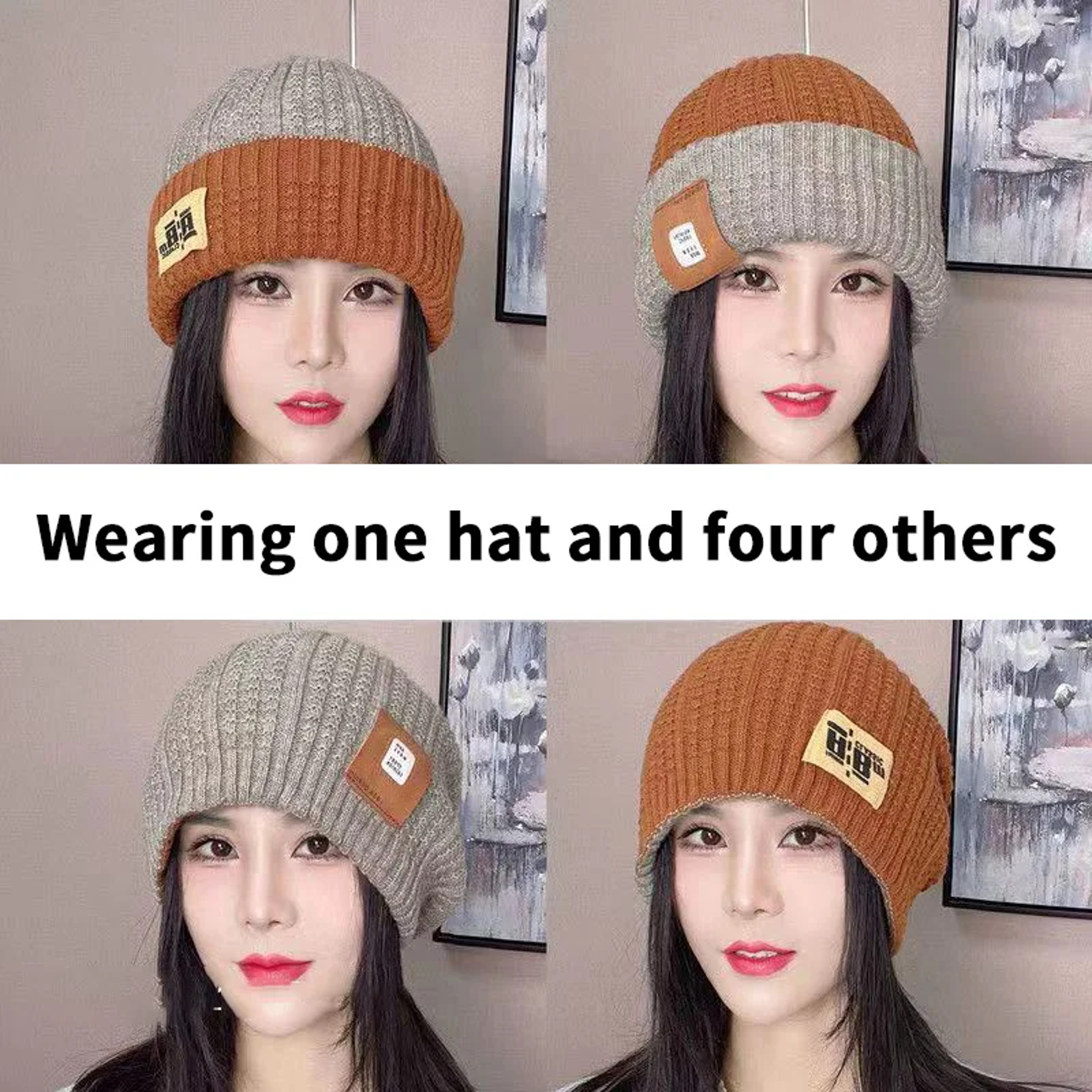 Womens Slouchy Winter Beanie Hat with Ear Coverage and Color Block Design – view 4