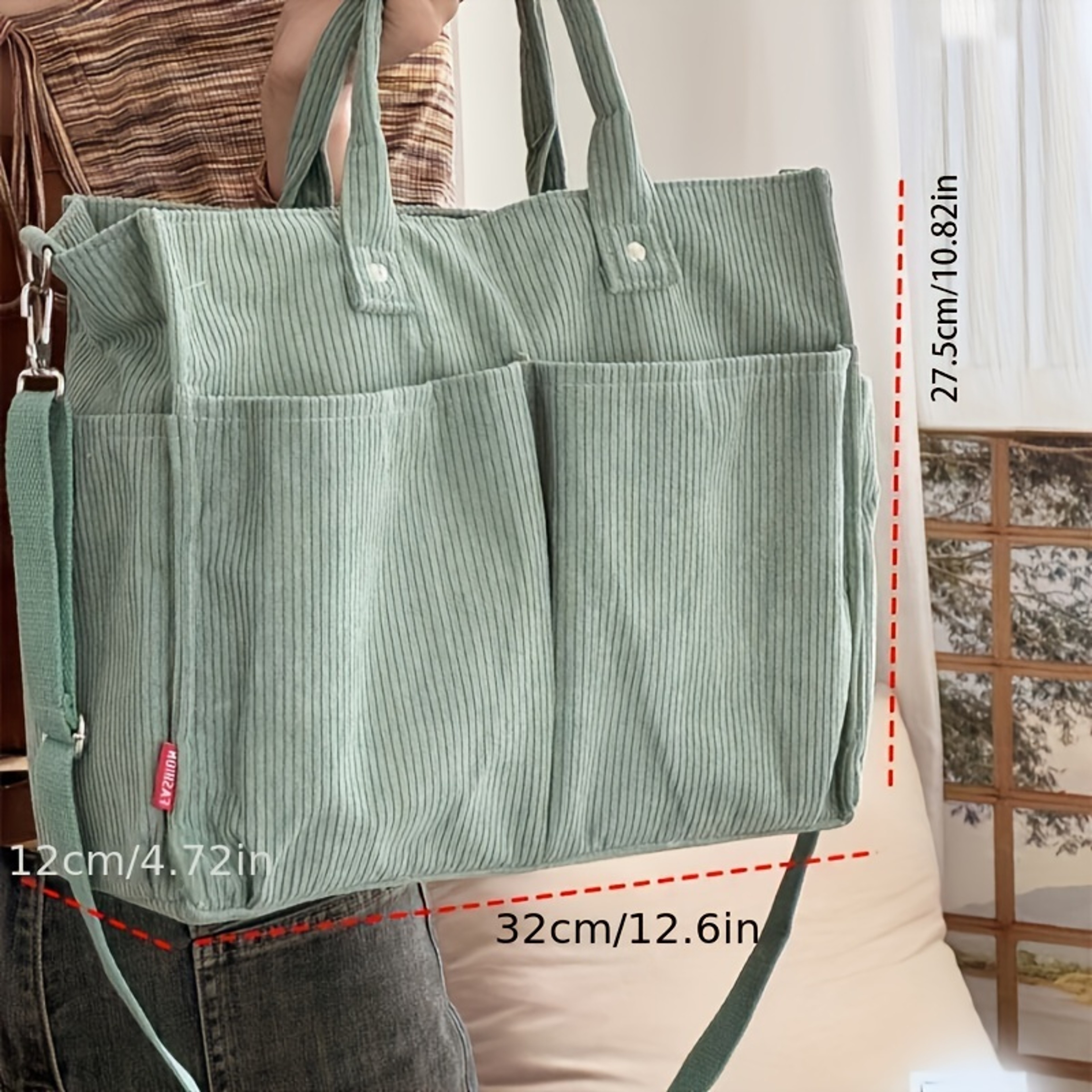 Corduroy Crossbody Tote Bag with Multiple Pockets and Zipper Closure – view 4