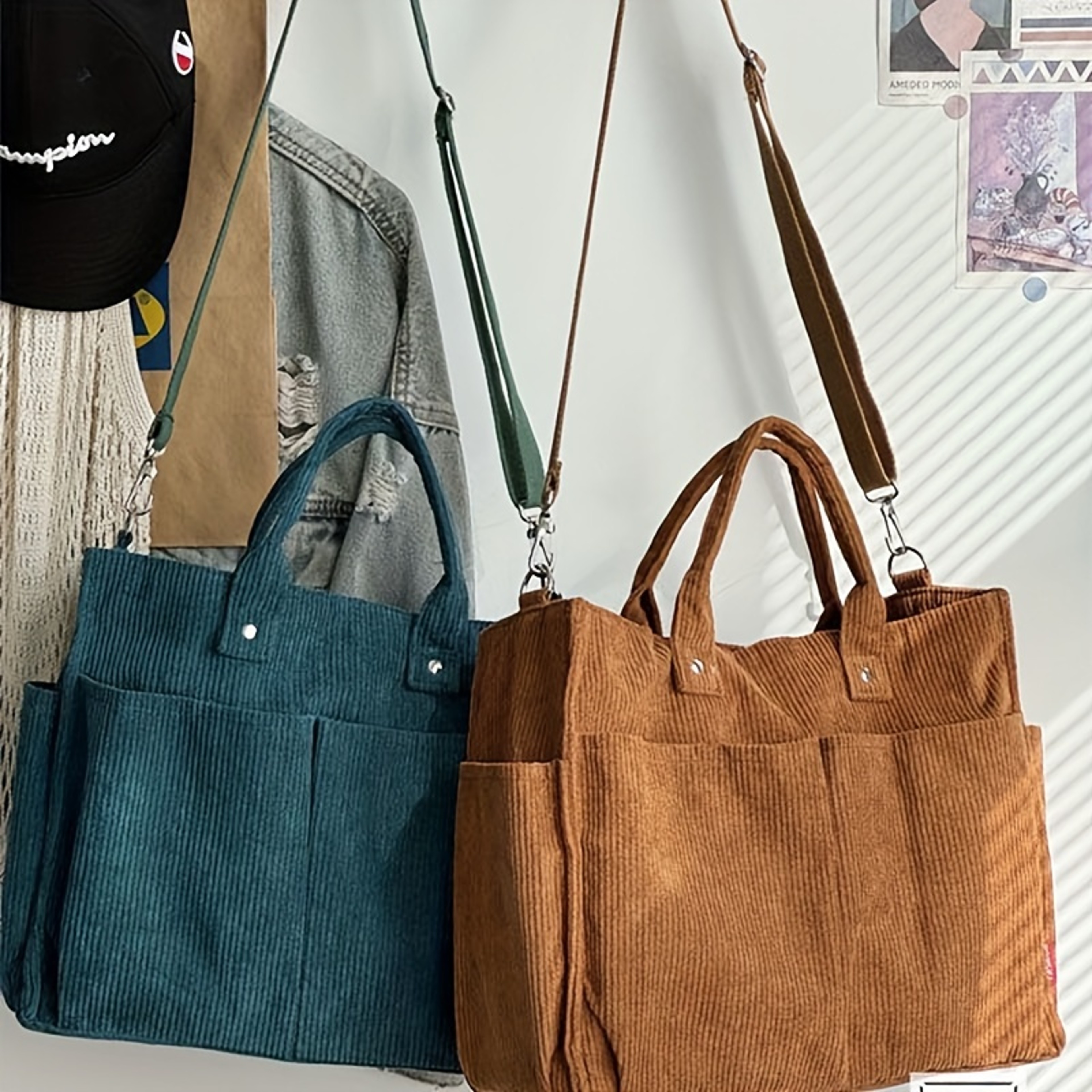 Corduroy Crossbody Tote Bag with Multiple Pockets and Zipper Closure – view 3