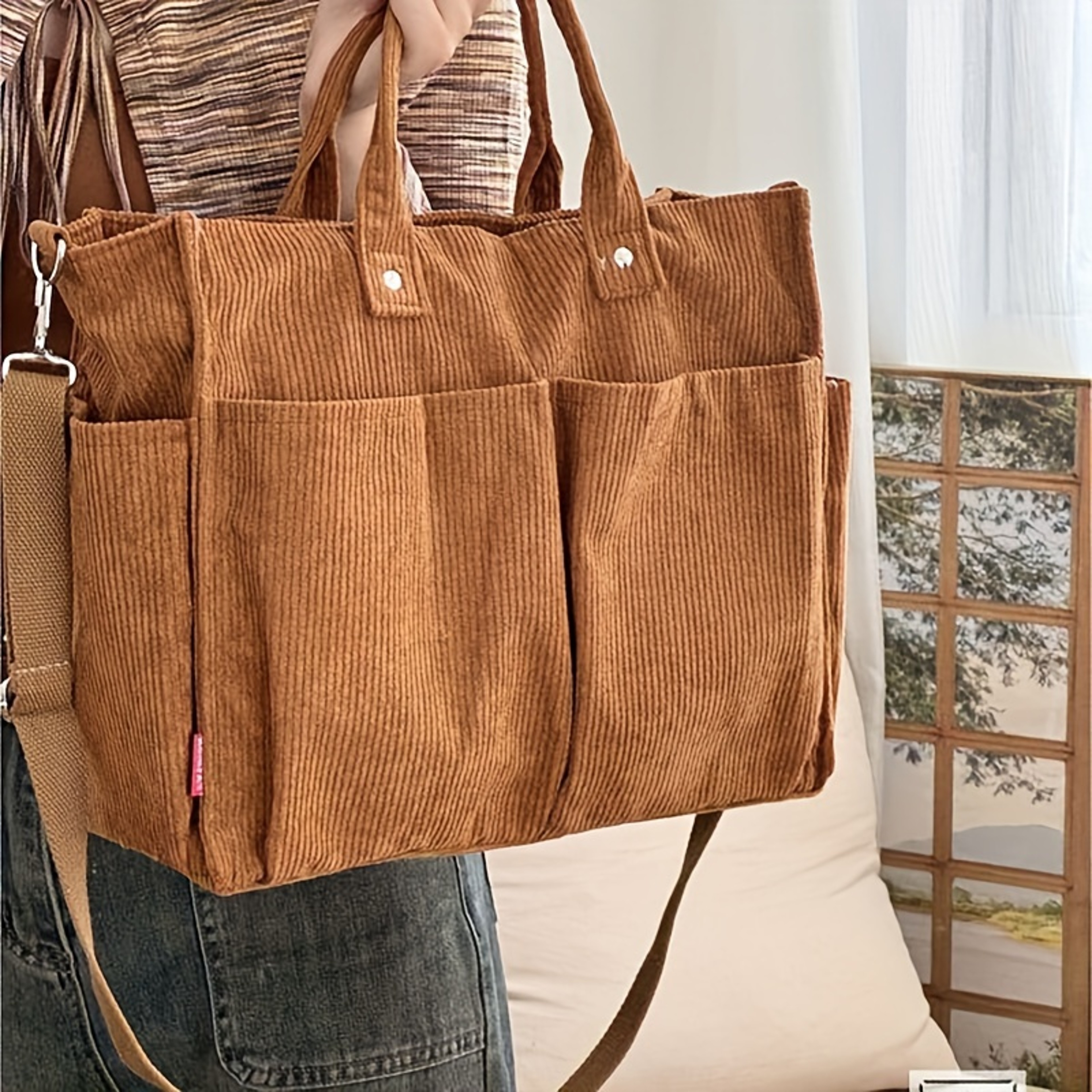 Corduroy Crossbody Tote Bag with Multiple Pockets and Zipper Closure – view 10