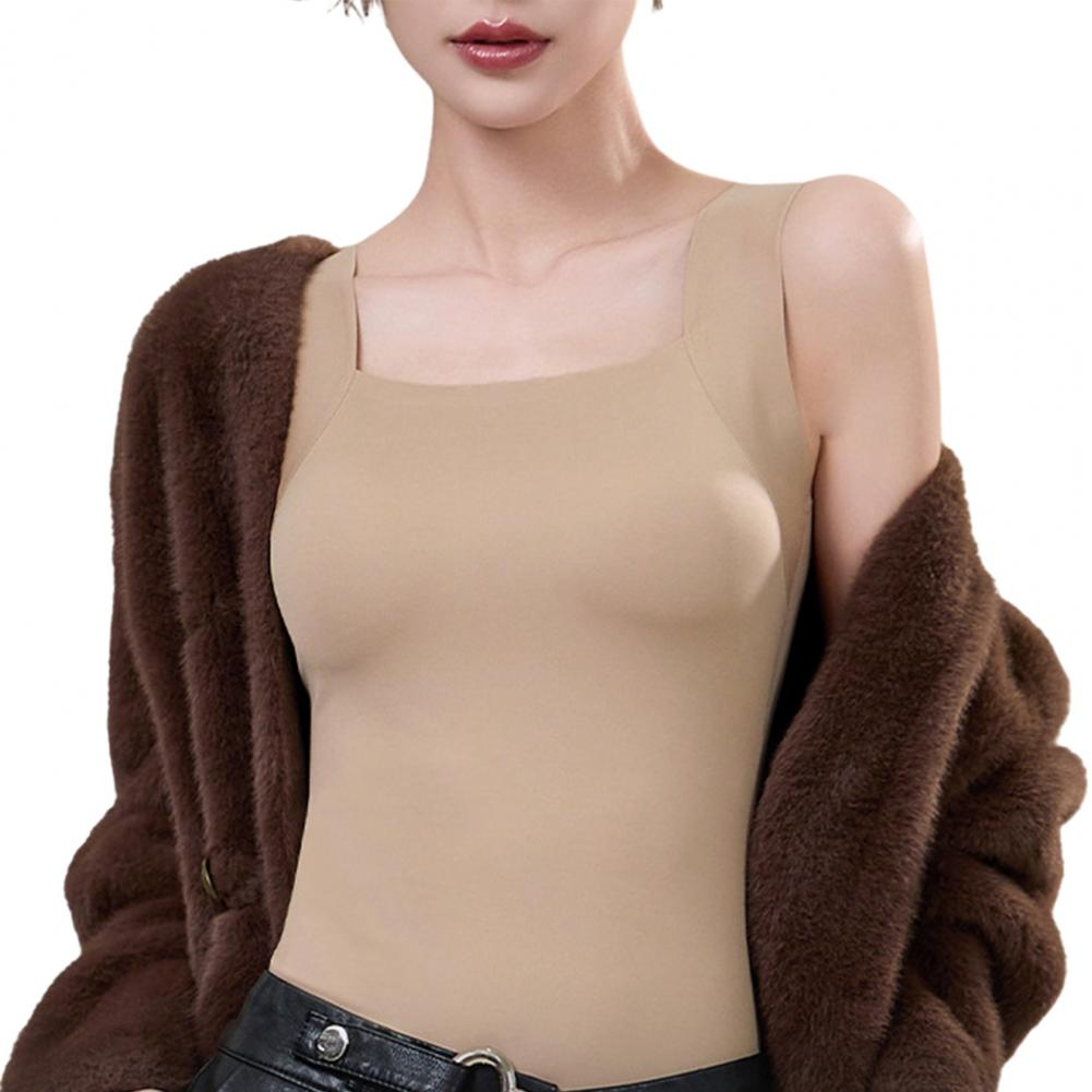 Womens U Neck Tank Top With Built In Wireless Bra and Layered Design – view 2