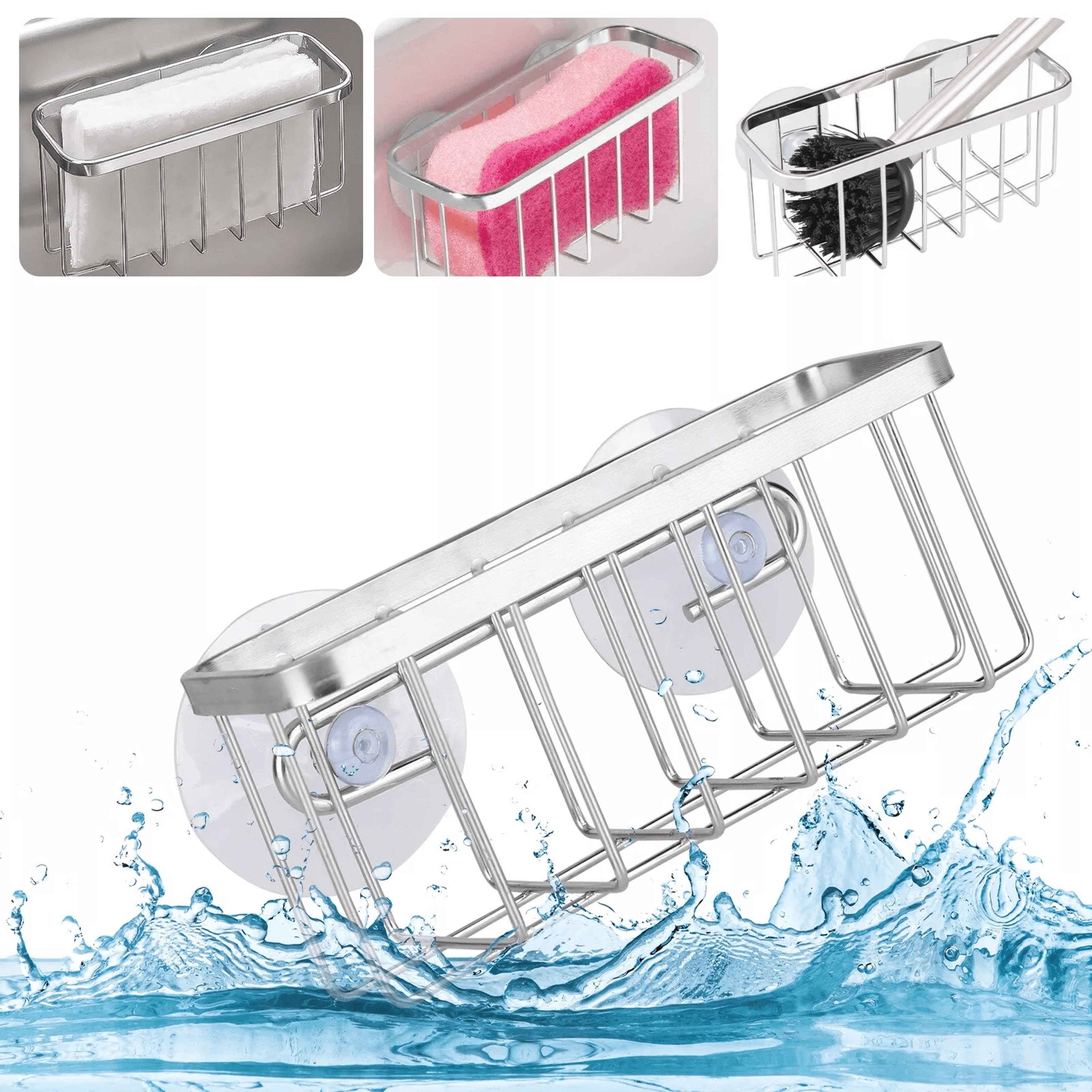 Stainless Steel Sink Caddy With Suction Cups Sponge Holder  Soap Storage Drain Rack Organizer 0