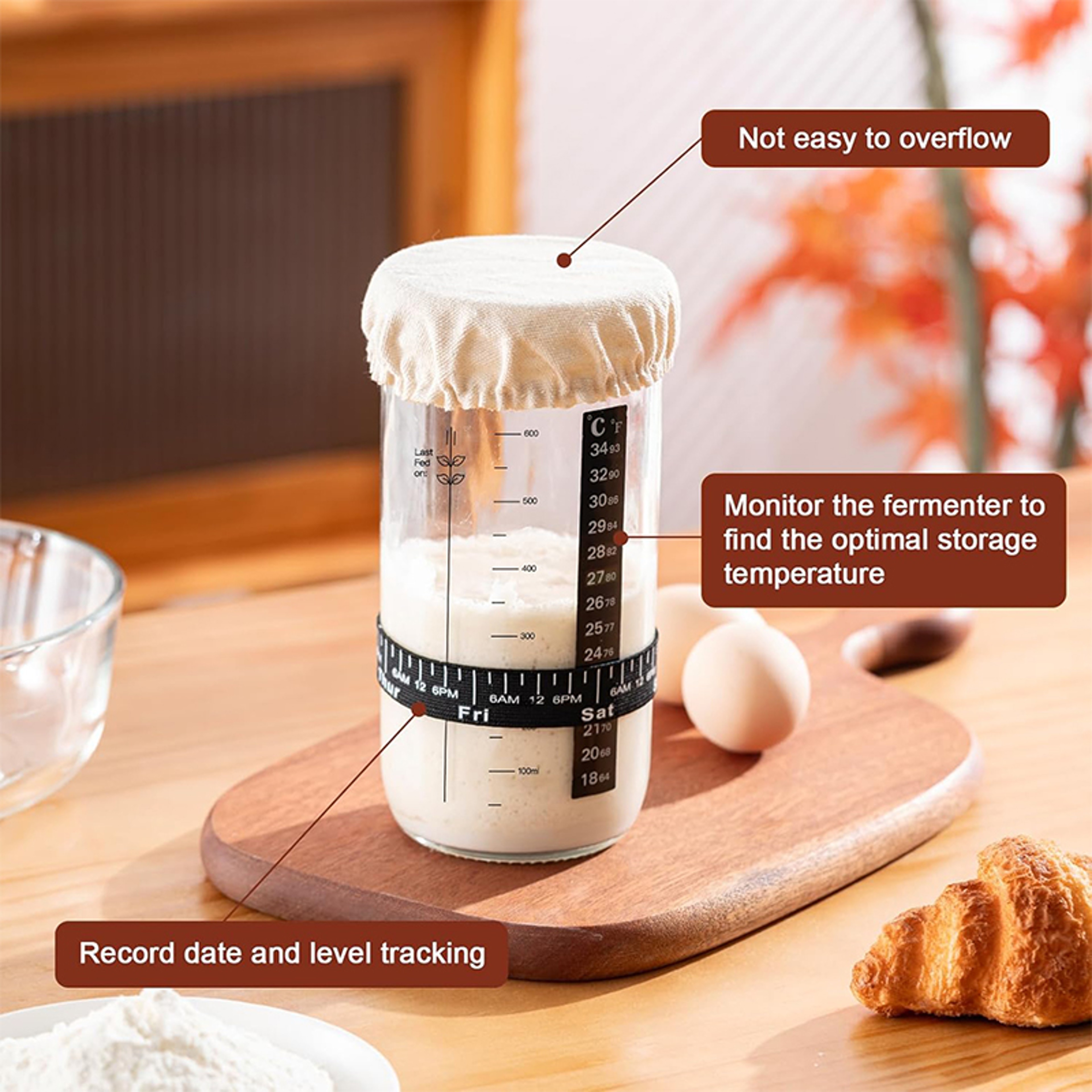Sourdough Starter Jar Kit Glass, Sourdough Bread Baking Supplie, Fermentation Kit with Date Marked Feeding Band, Perfect – view 3