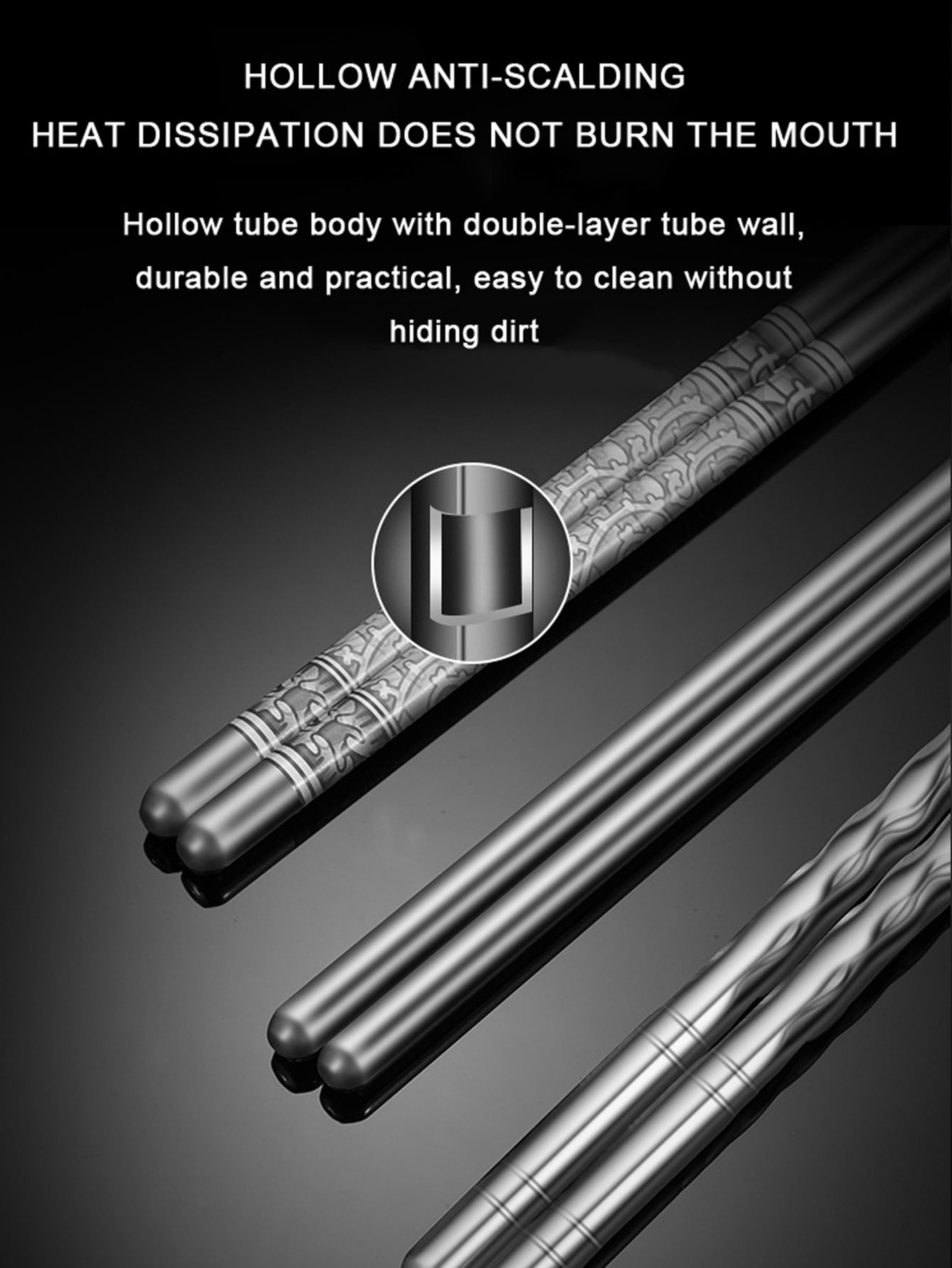Stainless Steel Chopsticks, Dishwasher Safe, Reusable Metal Non-Slip Chopsticks, Blue, White Pattern – view 4