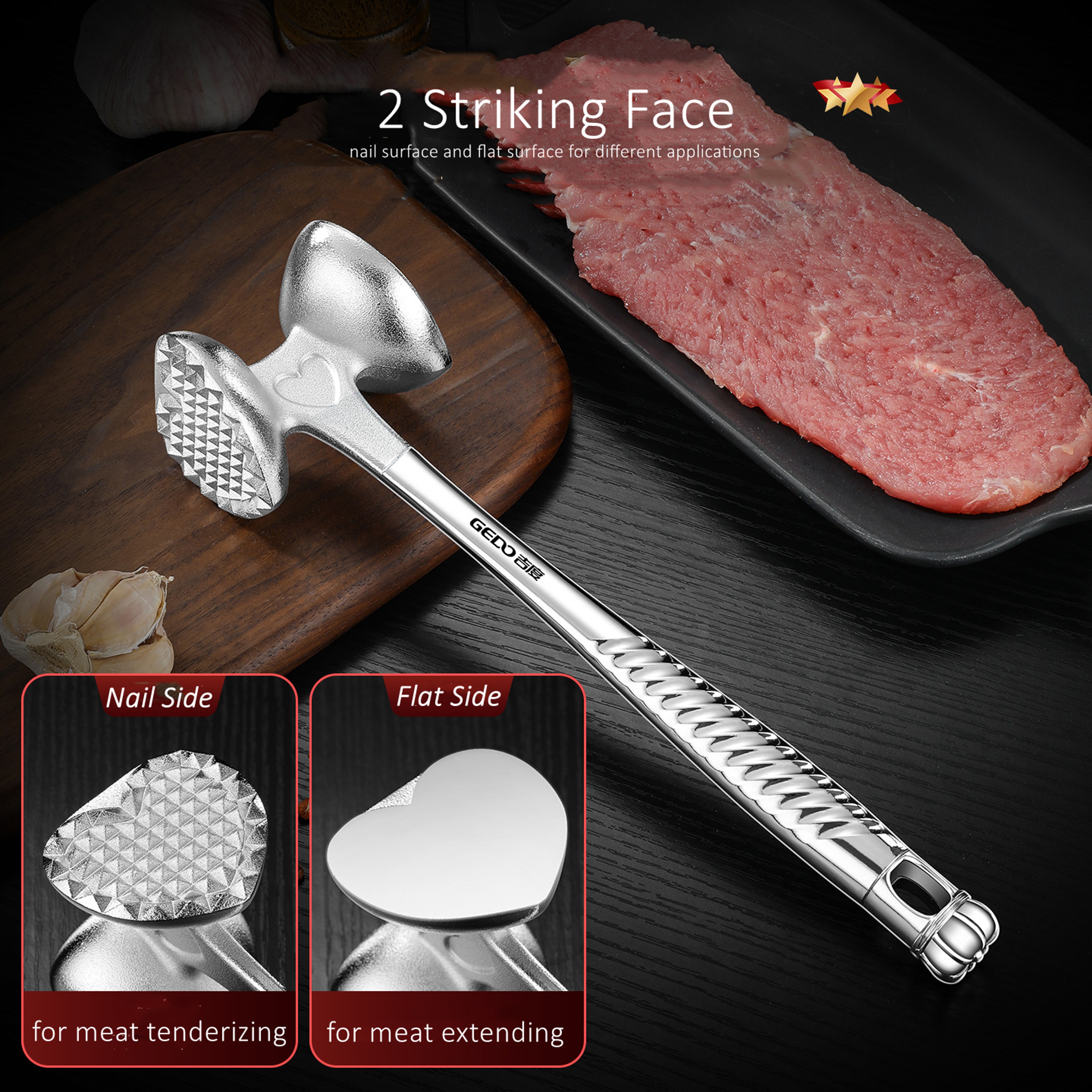 Premium Meat Tenderizer Mallet with Ergonomic Handle & Angled Strike Surface for Juicy Steaks – view 3