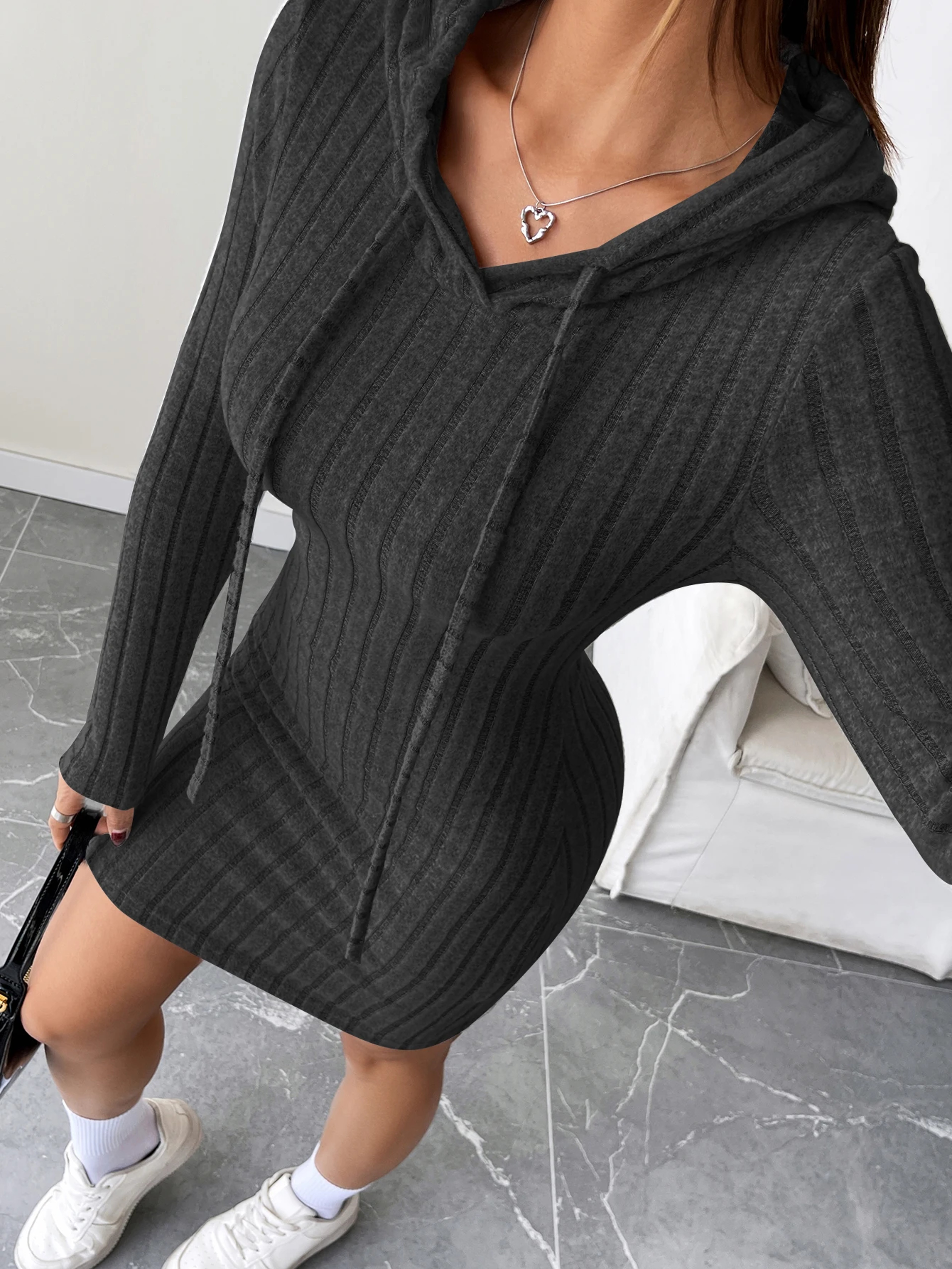 Comfortable Casual Hooded Slim Fit Dress Trendy Ribbed Knitted Style With Drawstring For Women 1