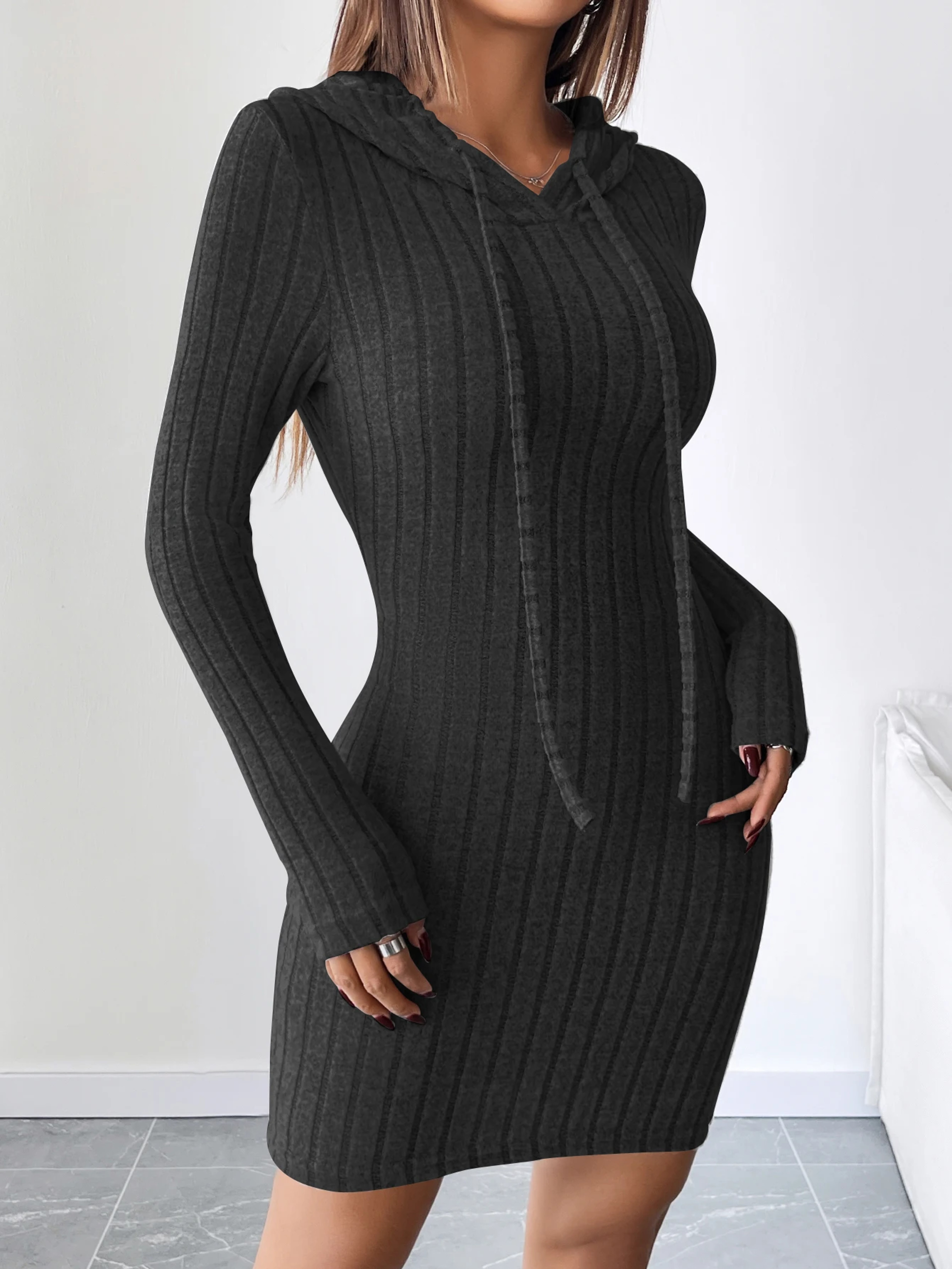 Comfortable Casual Hooded Slim Fit Dress Trendy Ribbed Knitted Style With Drawstring For Women 5