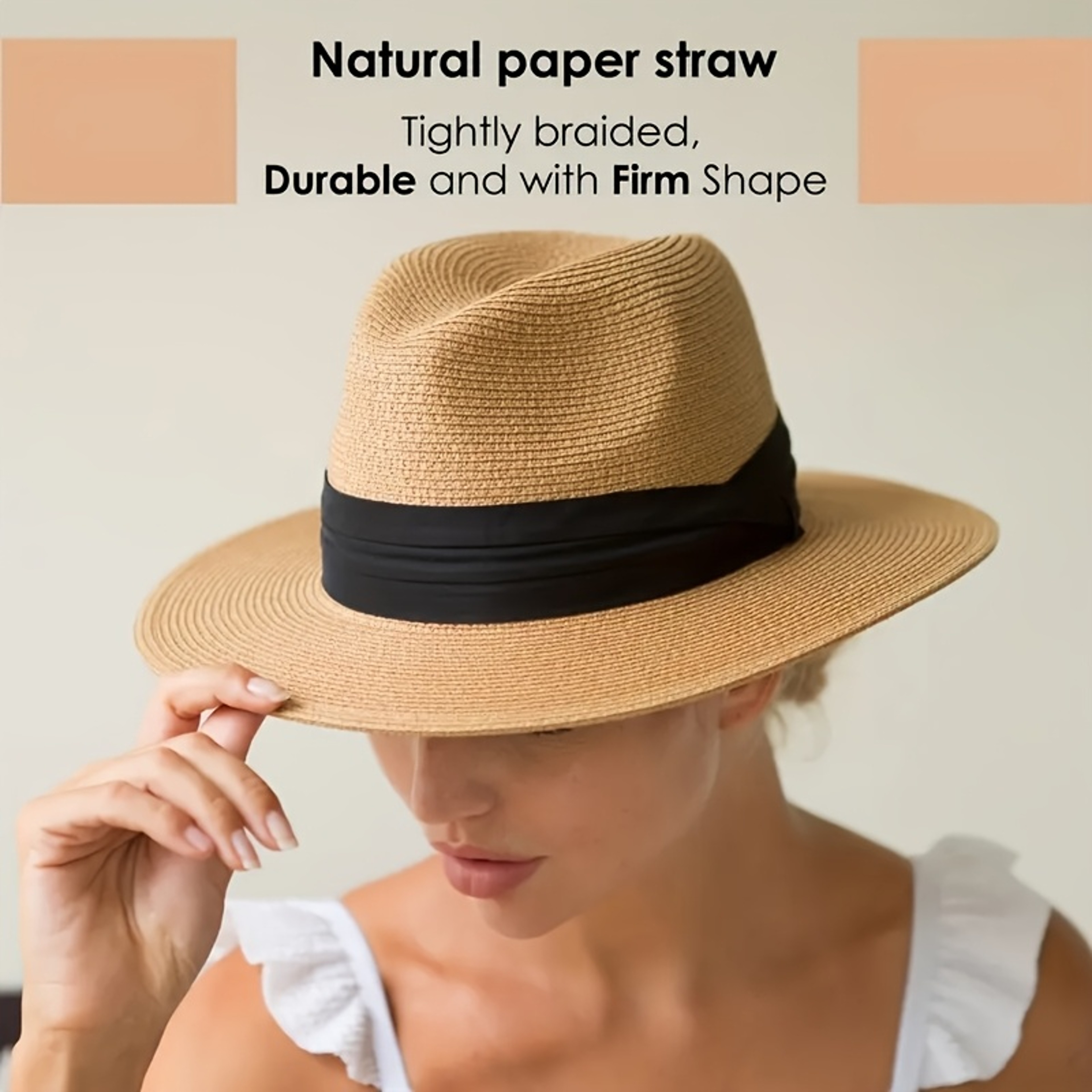 Straw Hat Summer Straw Fedora Hat with Ribbon Band – view 2