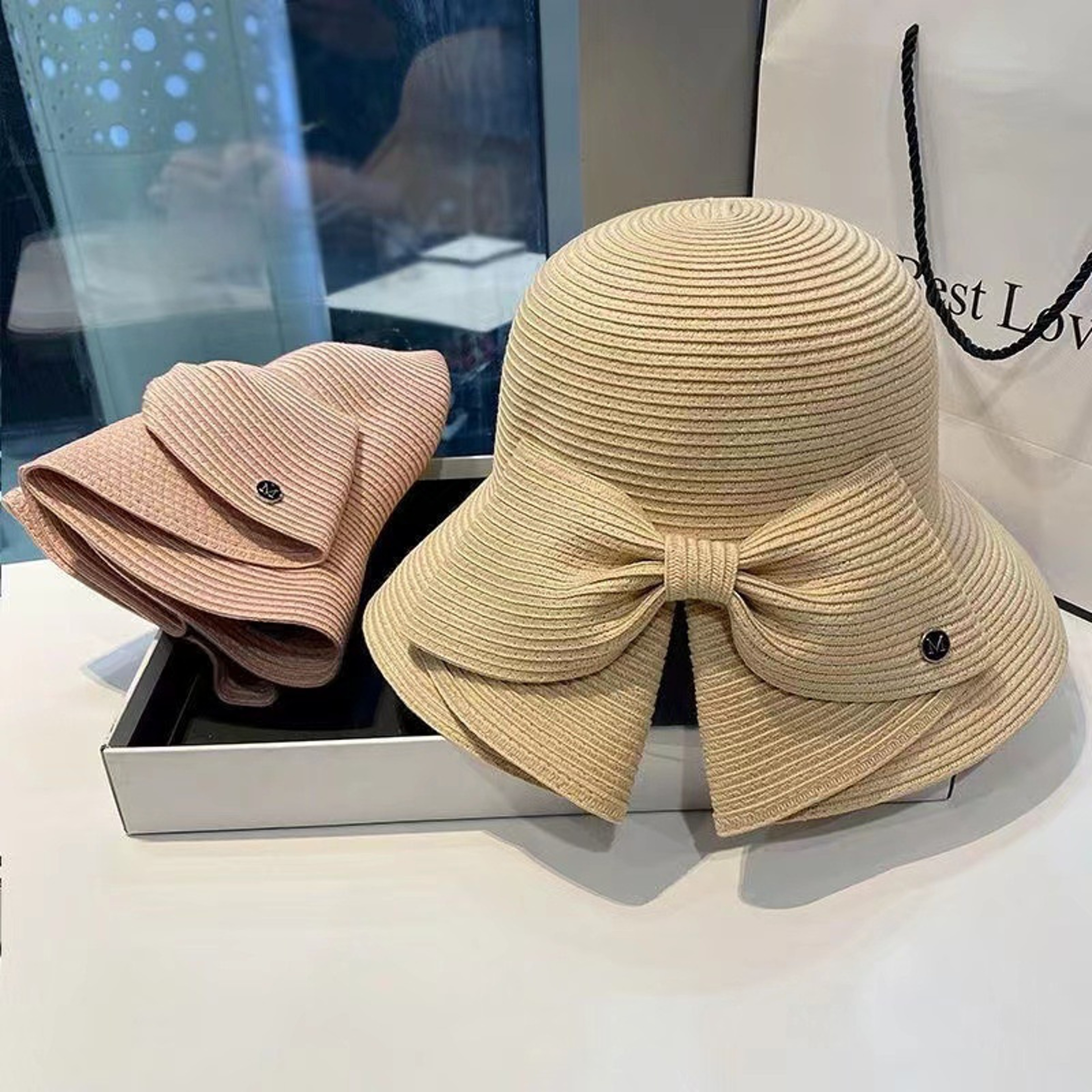 Women Ribbon Bow Straw Beach Sun Hat 1