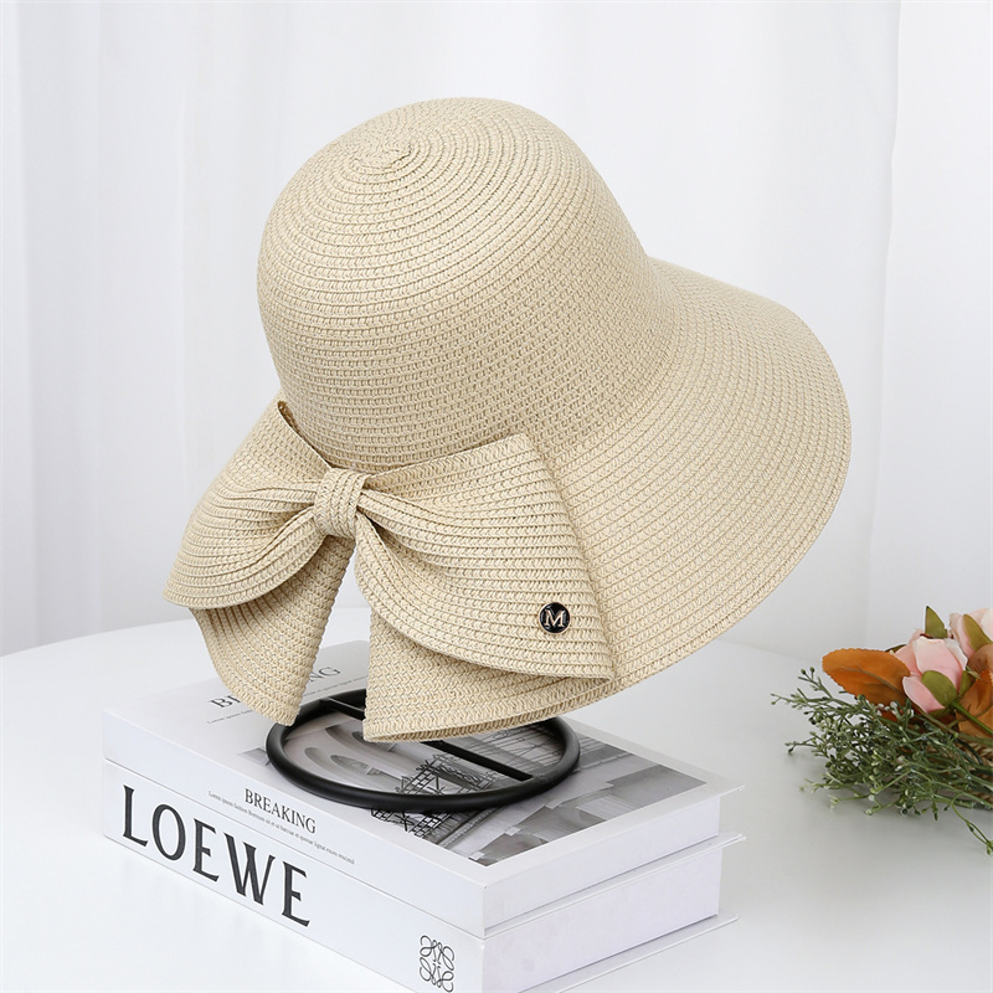 Women Ribbon Bow Straw Beach Sun Hat 4