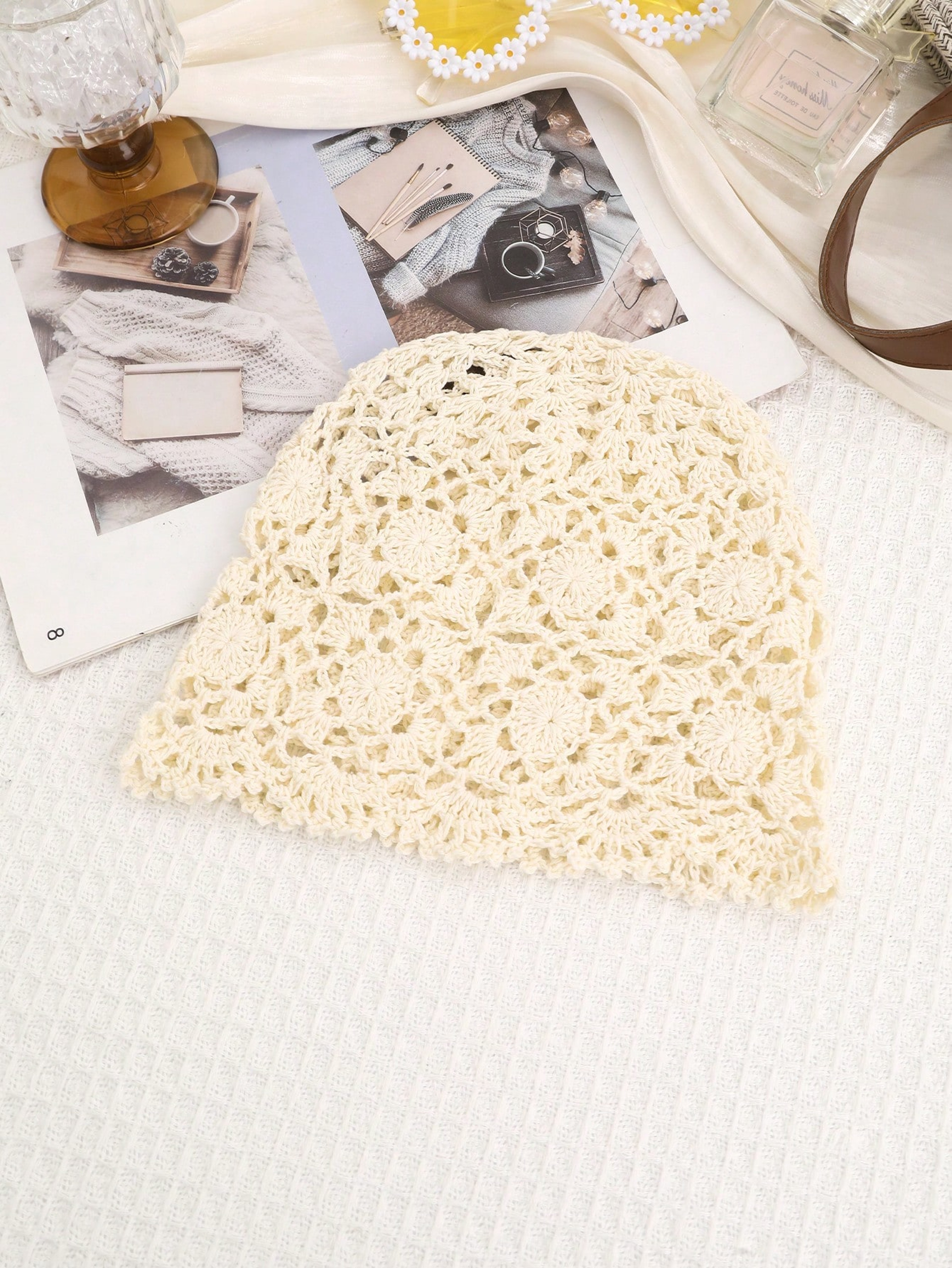 Beige Floral Knit Sun Hat For Beach Holidays 1