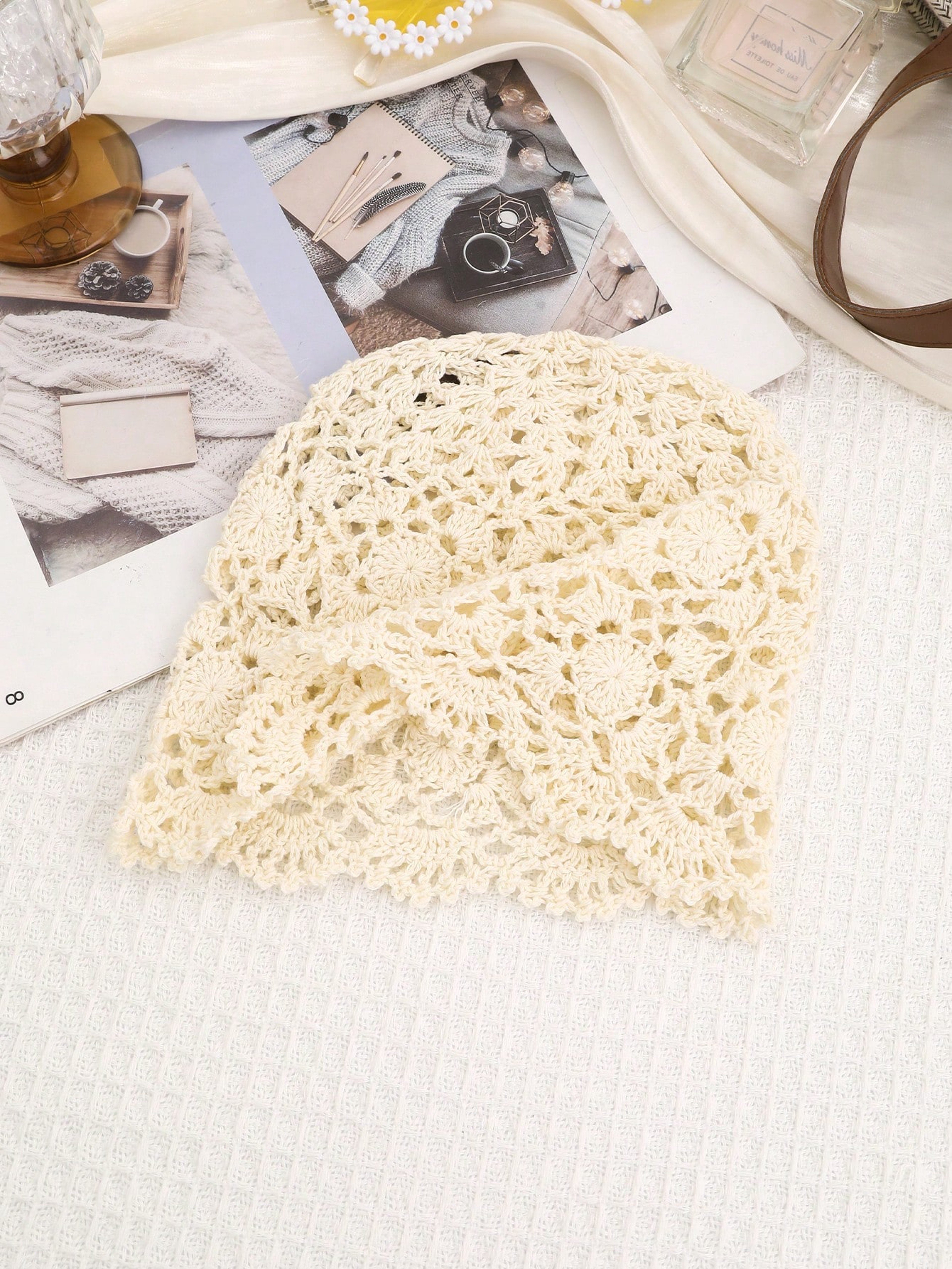 Beige Floral Knit Sun Hat For Beach Holidays 2