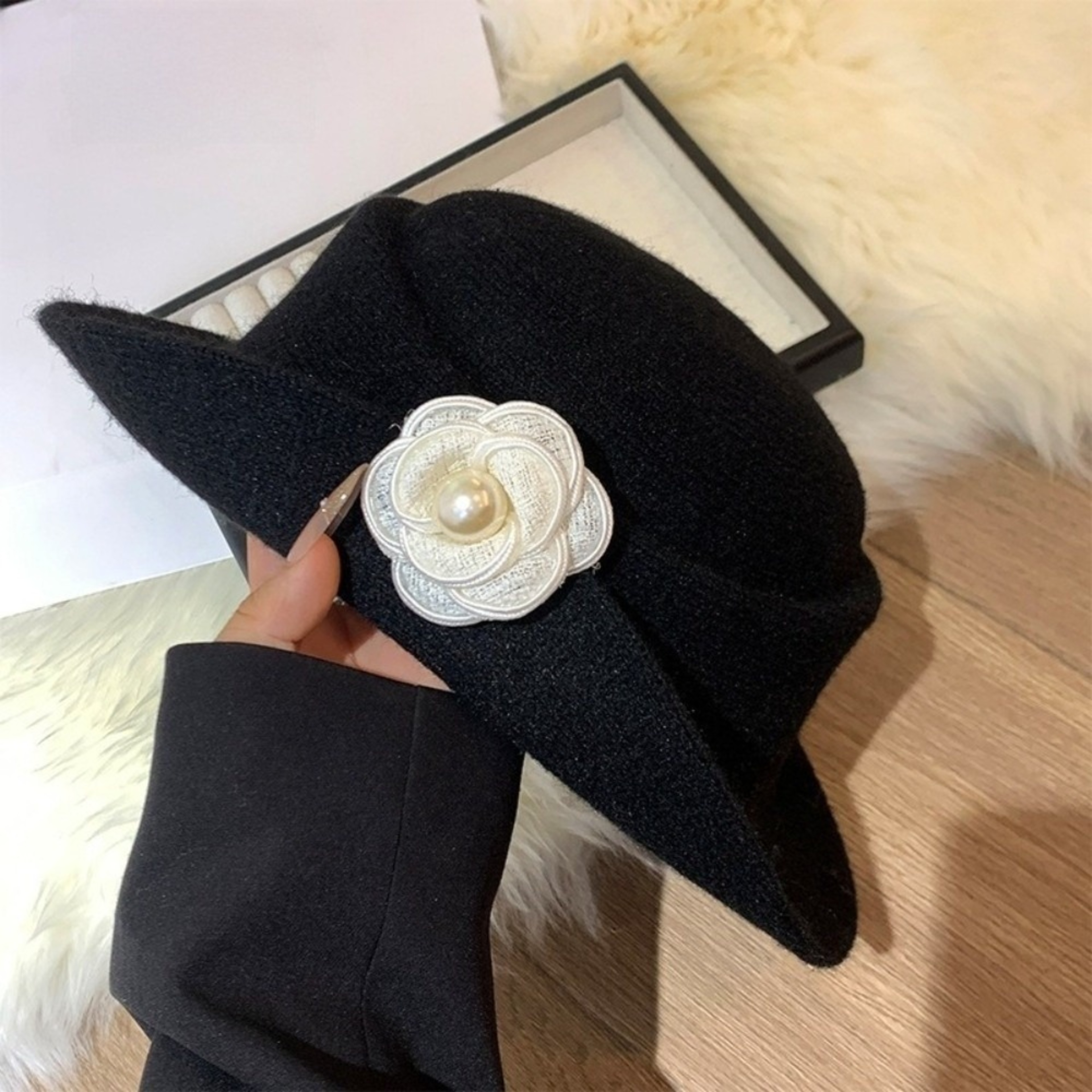 Hepburn Style Black Felt Wide Brim Hat for Women – view 8