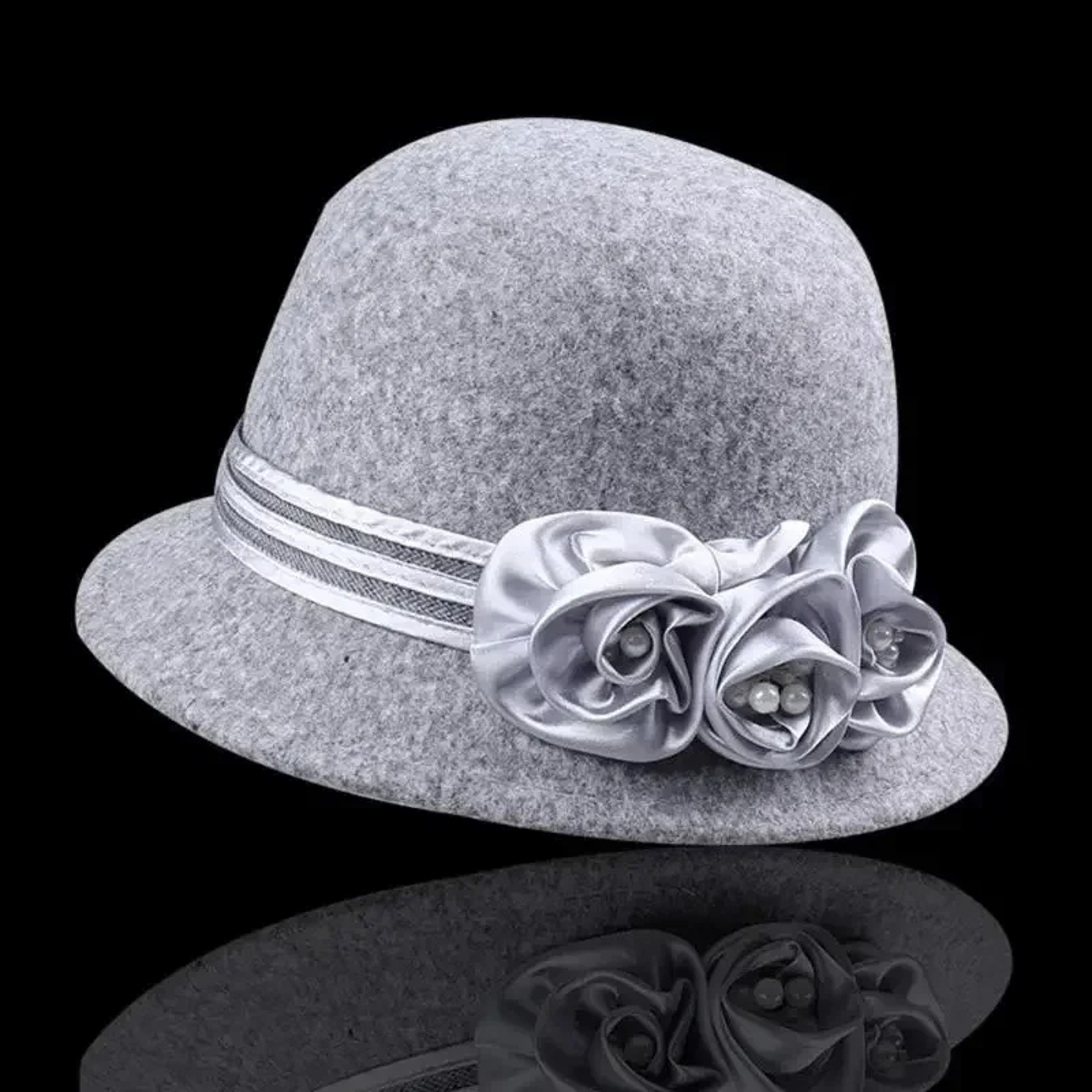 Elegant Rose Pearl Wool Church Hat For Women 1