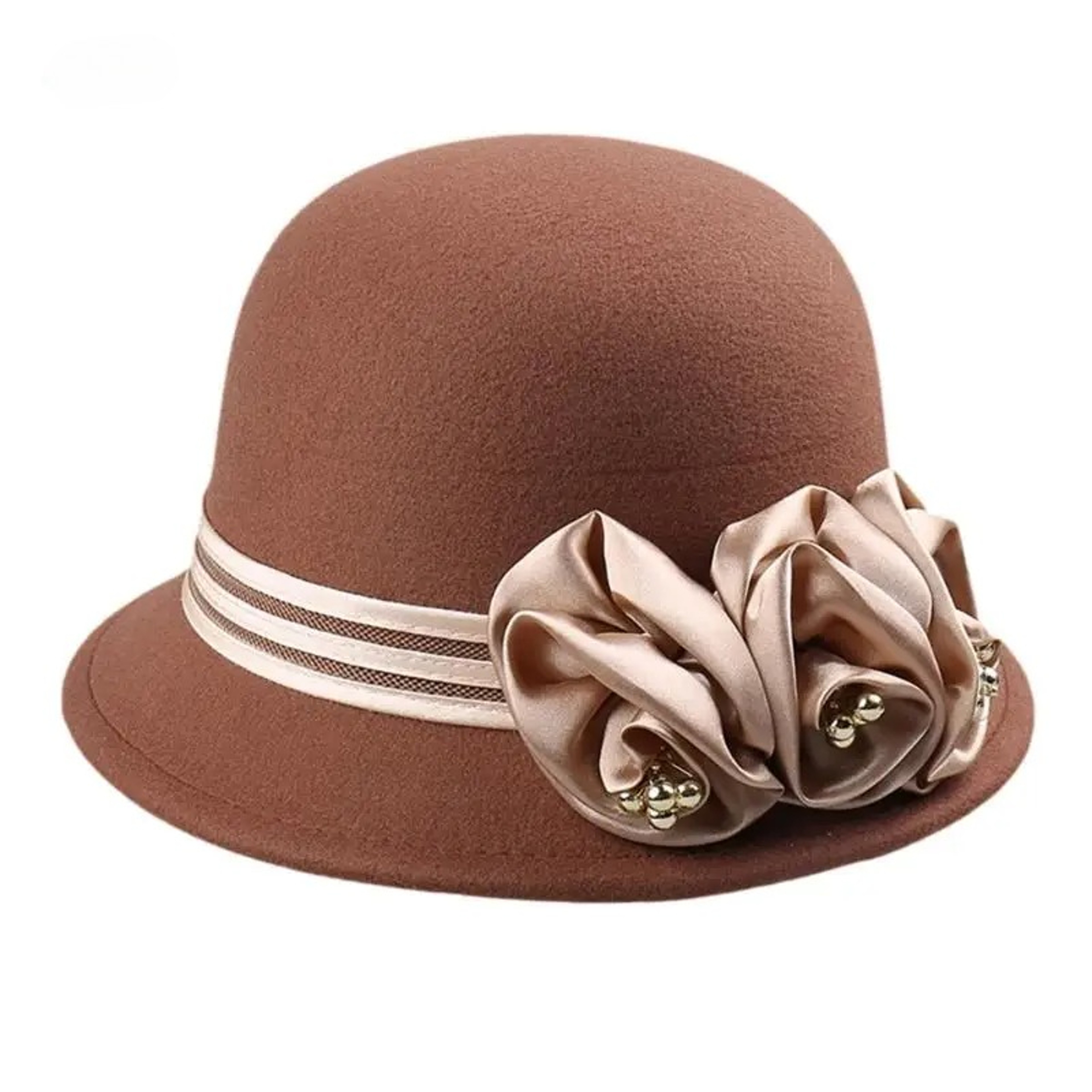Elegant Rose Pearl Wool Church Hat For Women 4