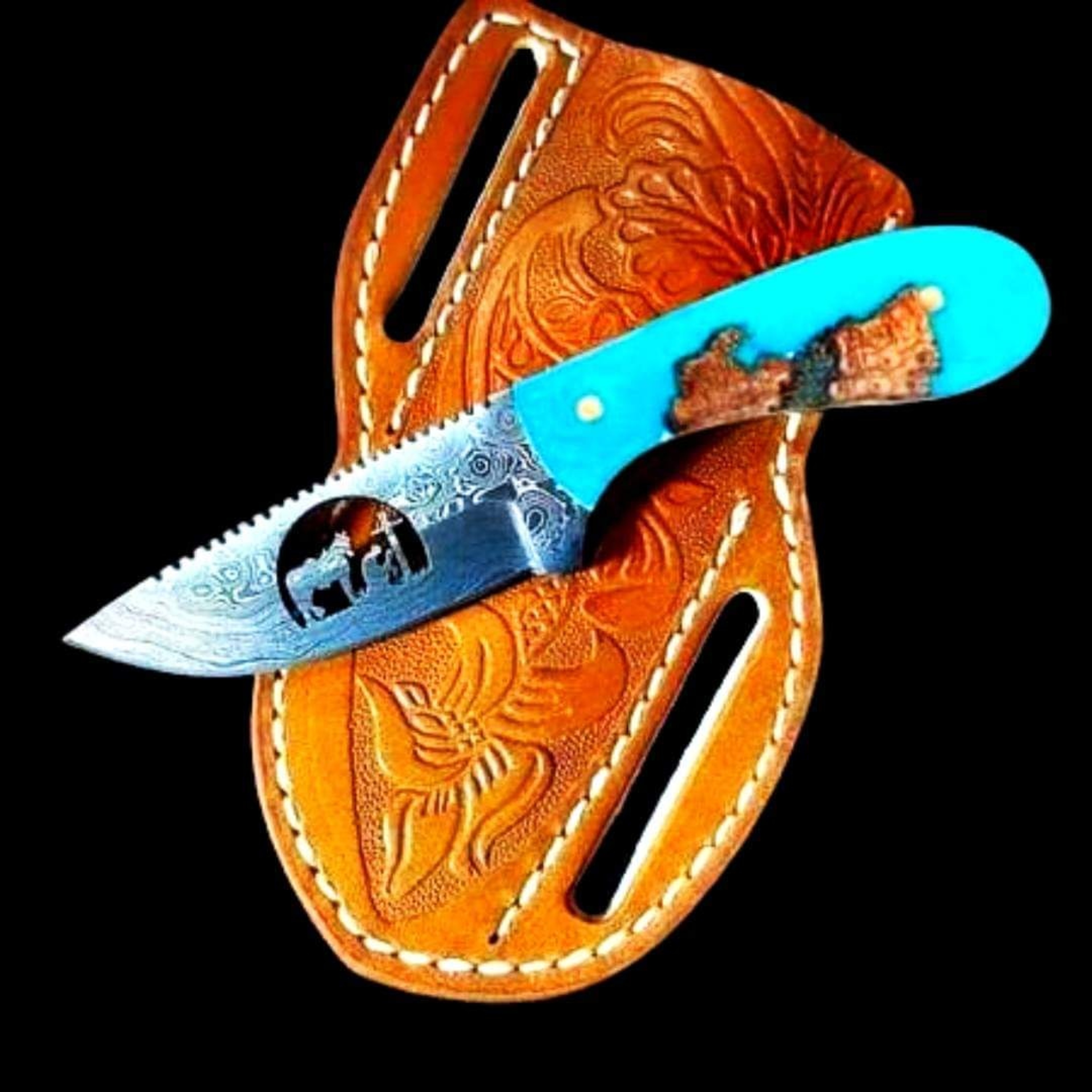 Damascus-Knife" Hunting-knife-with sheath"fixed-blade-Camping-knife, skinner knife, Handmade-Knives, Cow boy knife, . – view 1
