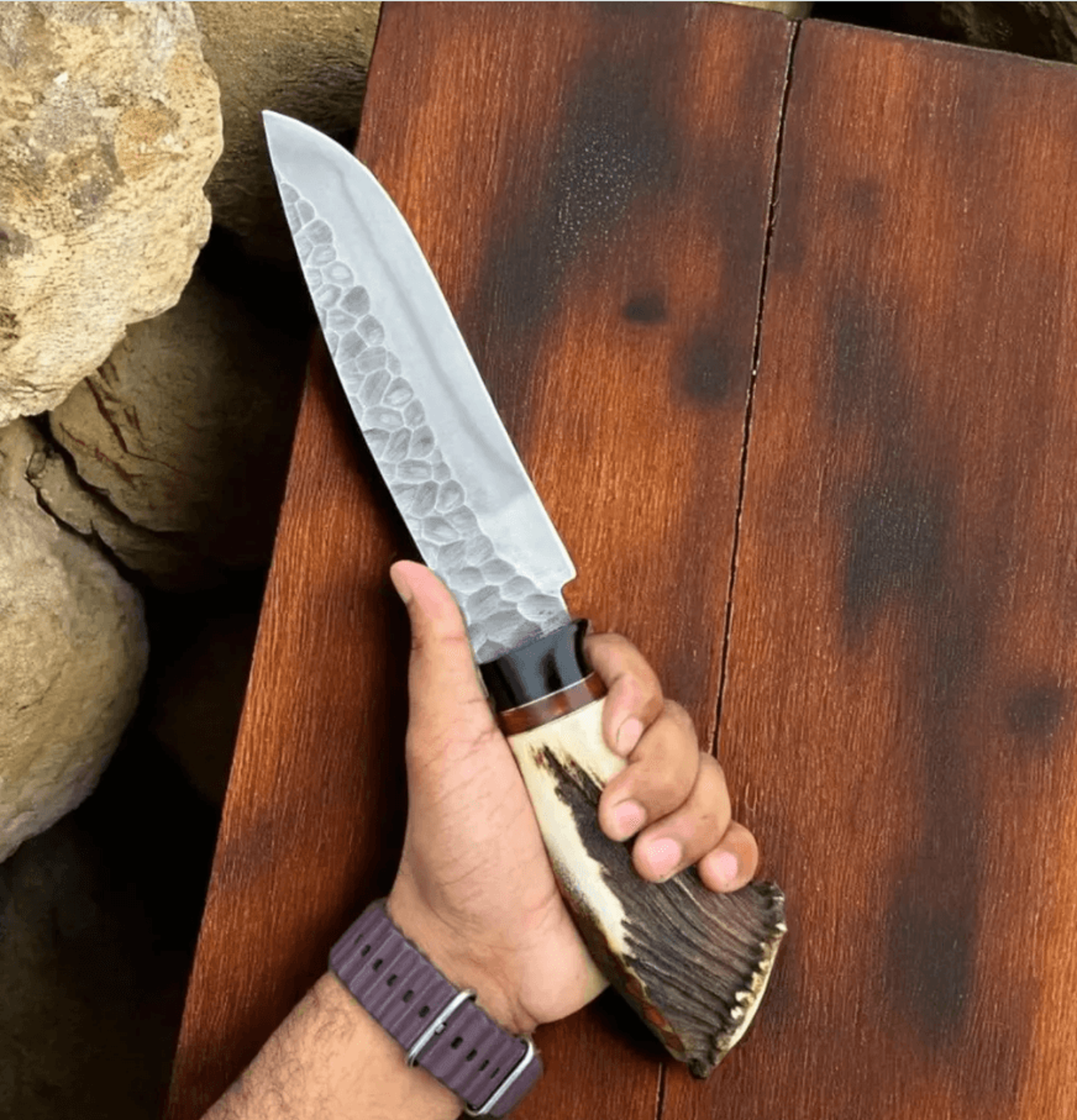 15 Inch Handmade High Carbon Steel Hunting Knife  HammerForged Blade  Stag Antler Handle Knife 1