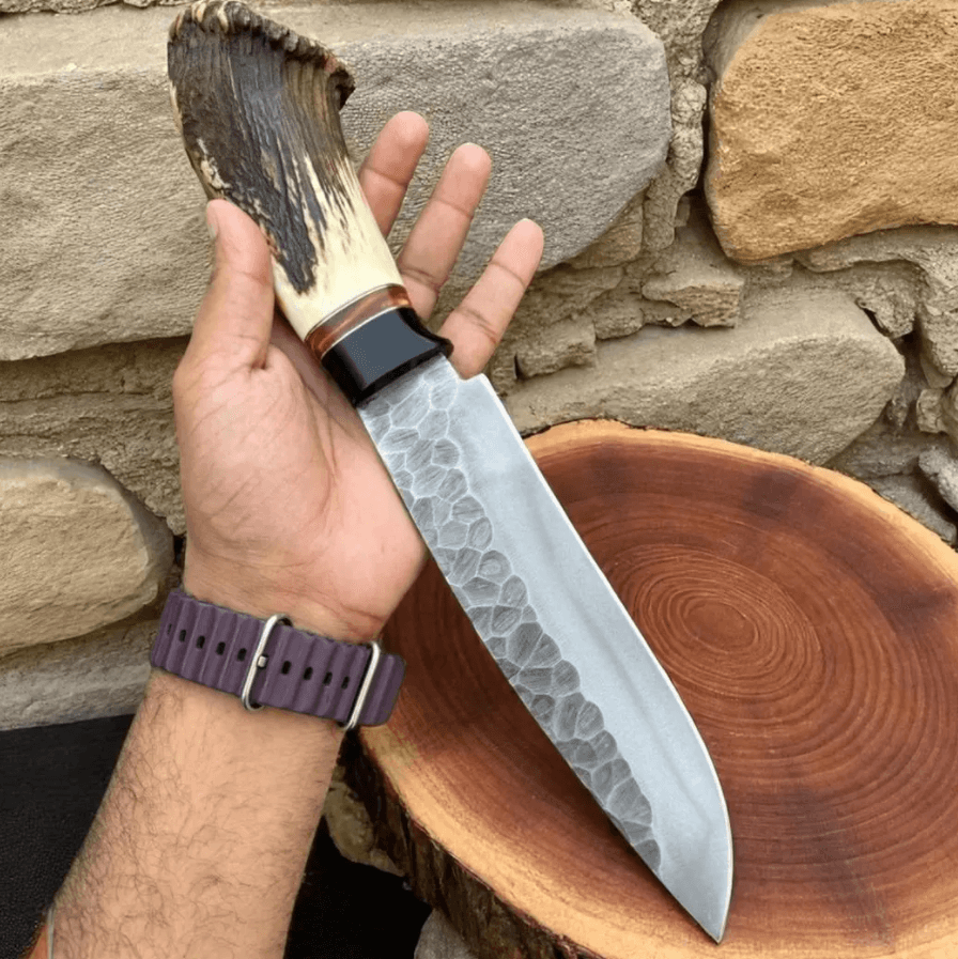 15 Inch Handmade High Carbon Steel Hunting Knife  HammerForged Blade  Stag Antler Handle Knife 2