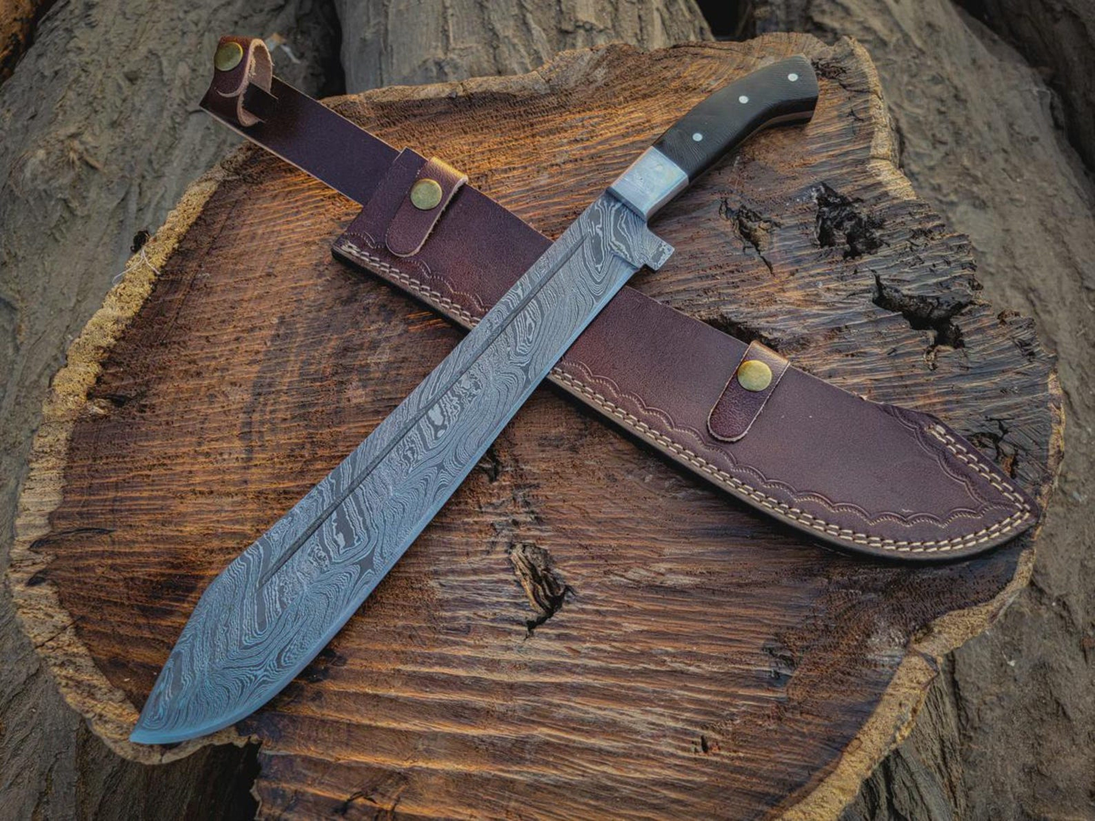 Custom Damascus Steel Machete Wood Handle Fixed Blade With Leather Sheath 1