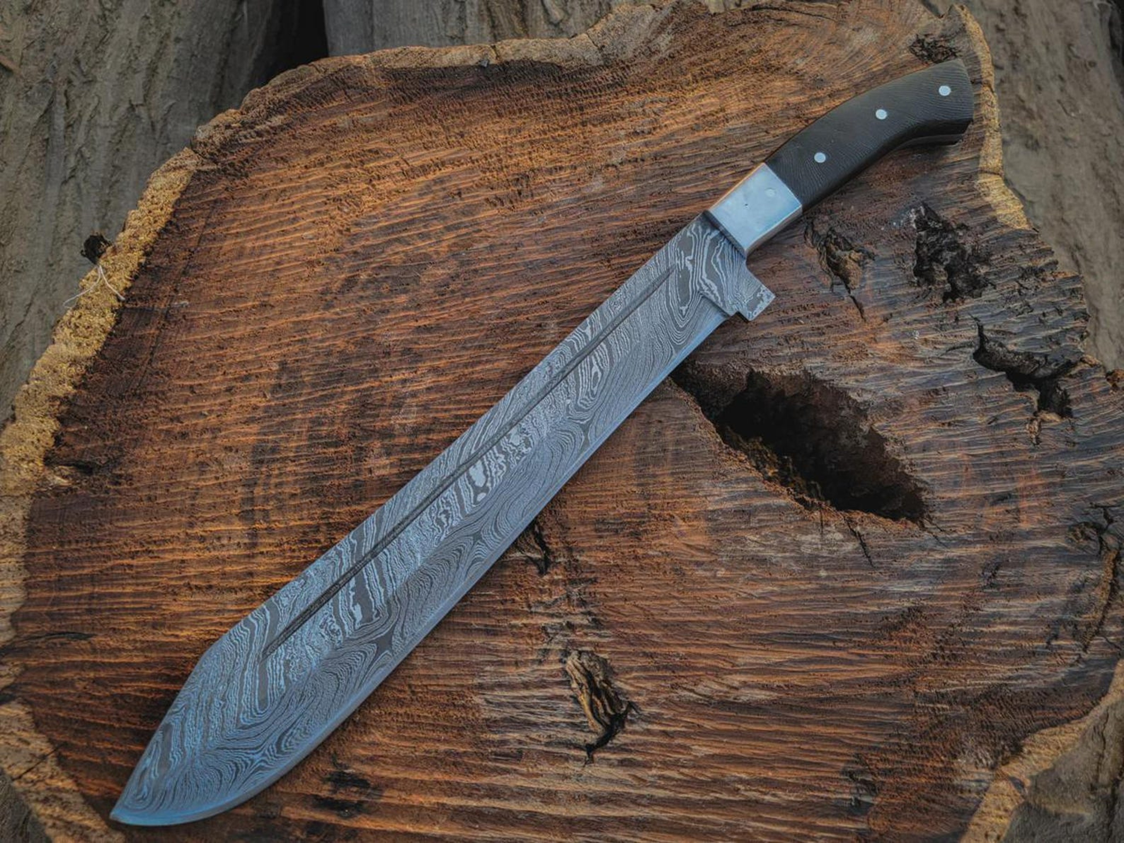 Custom Damascus Steel Machete Wood Handle Fixed Blade With Leather Sheath 2