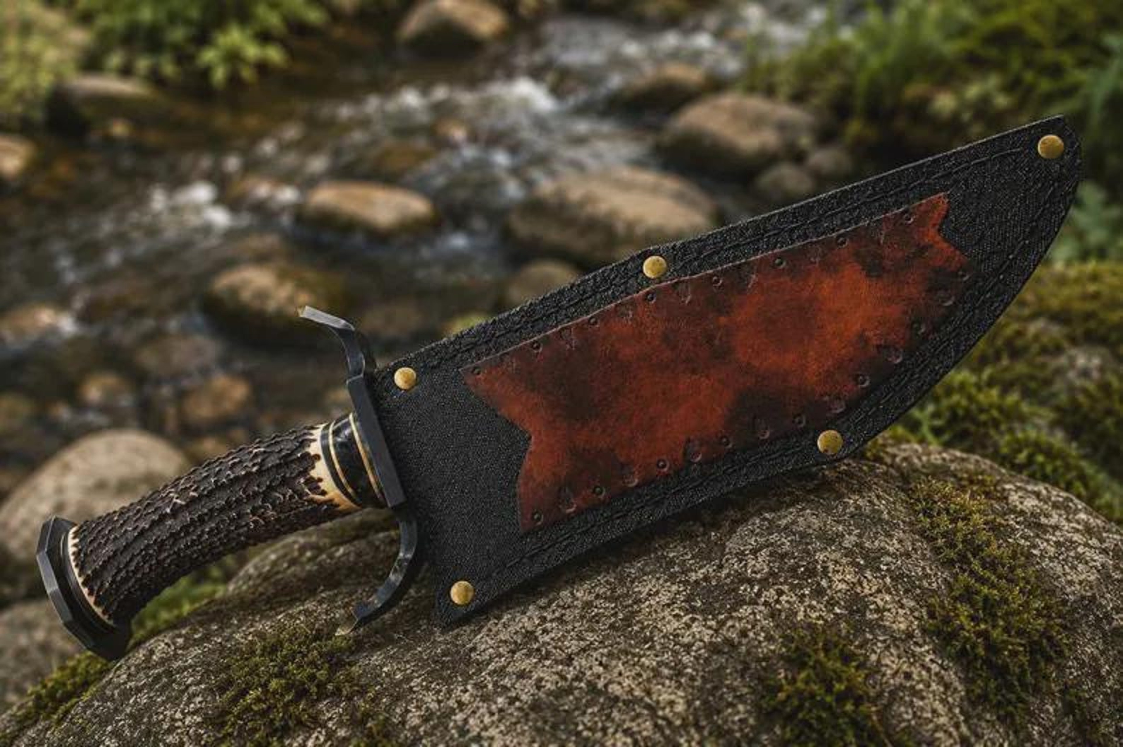 Handmade Hunting Knife With Stag Handle And Leather Sheath  17 Inch Traditional Outdoor Collectible