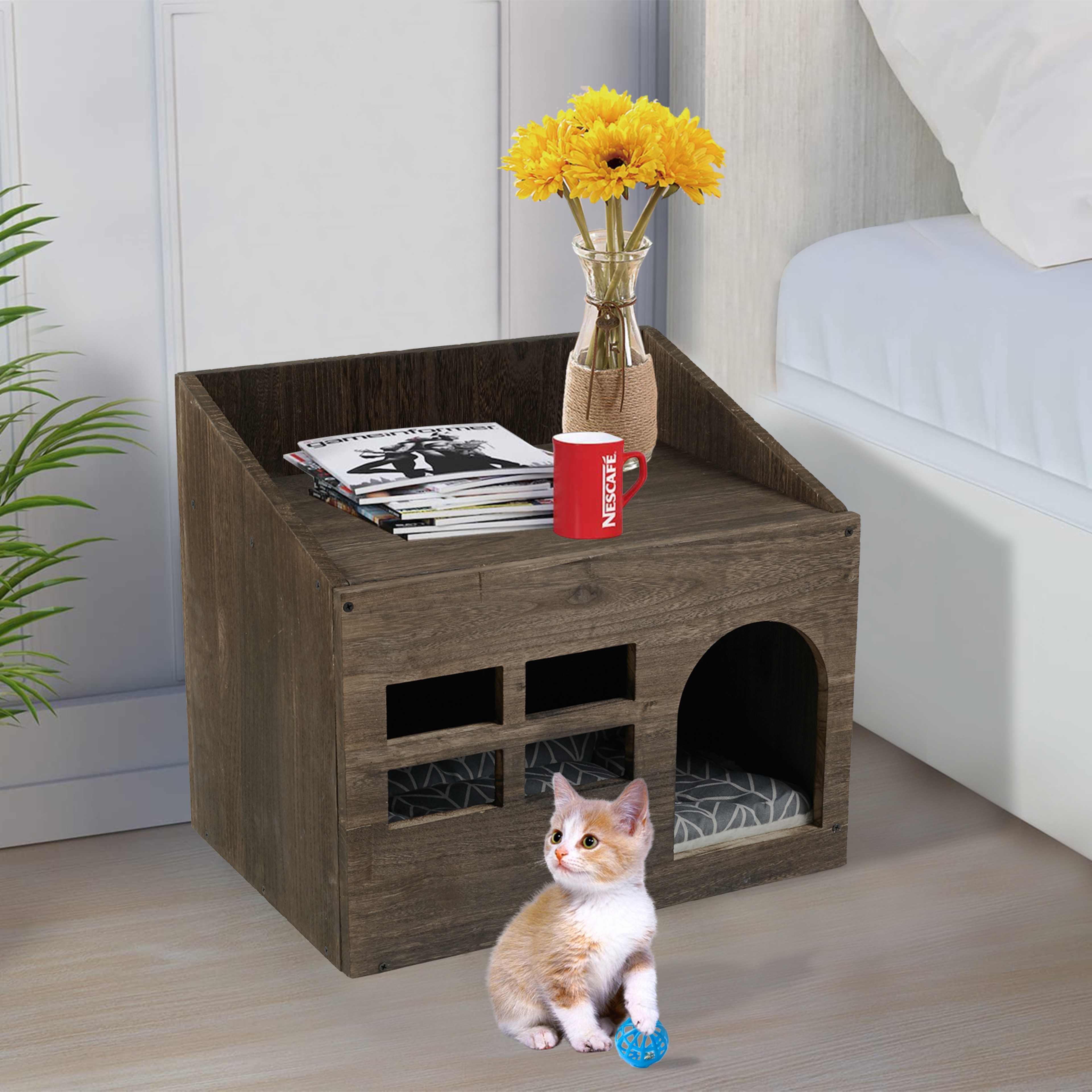 Durable Wooden Cat Cave Bed, Kitten Sleep Lounge with Cushion Pad – view 7