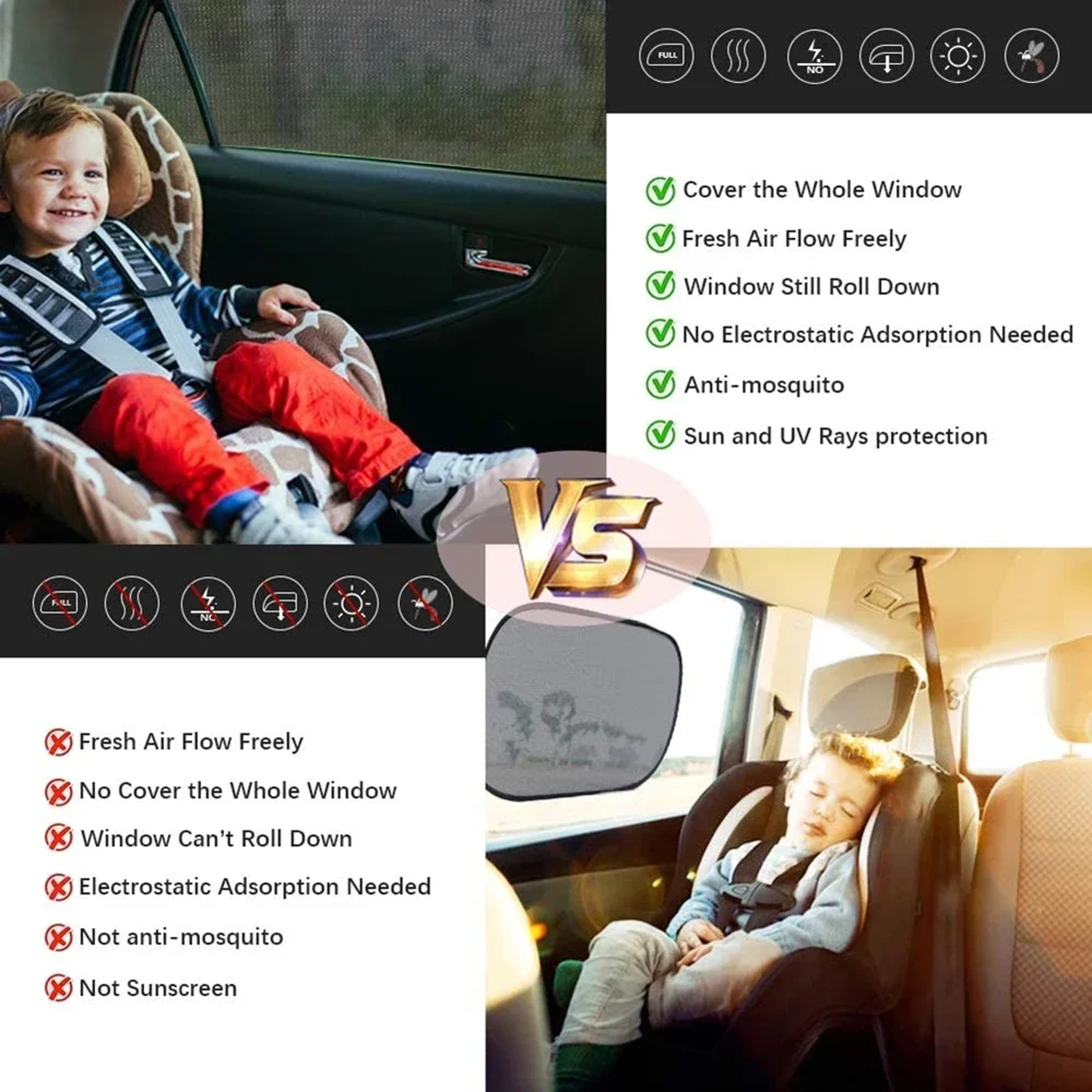 Premium Breathable Mosquito Net Window Screen Set For Front And Rear Windows UV Protection Car Suns 4