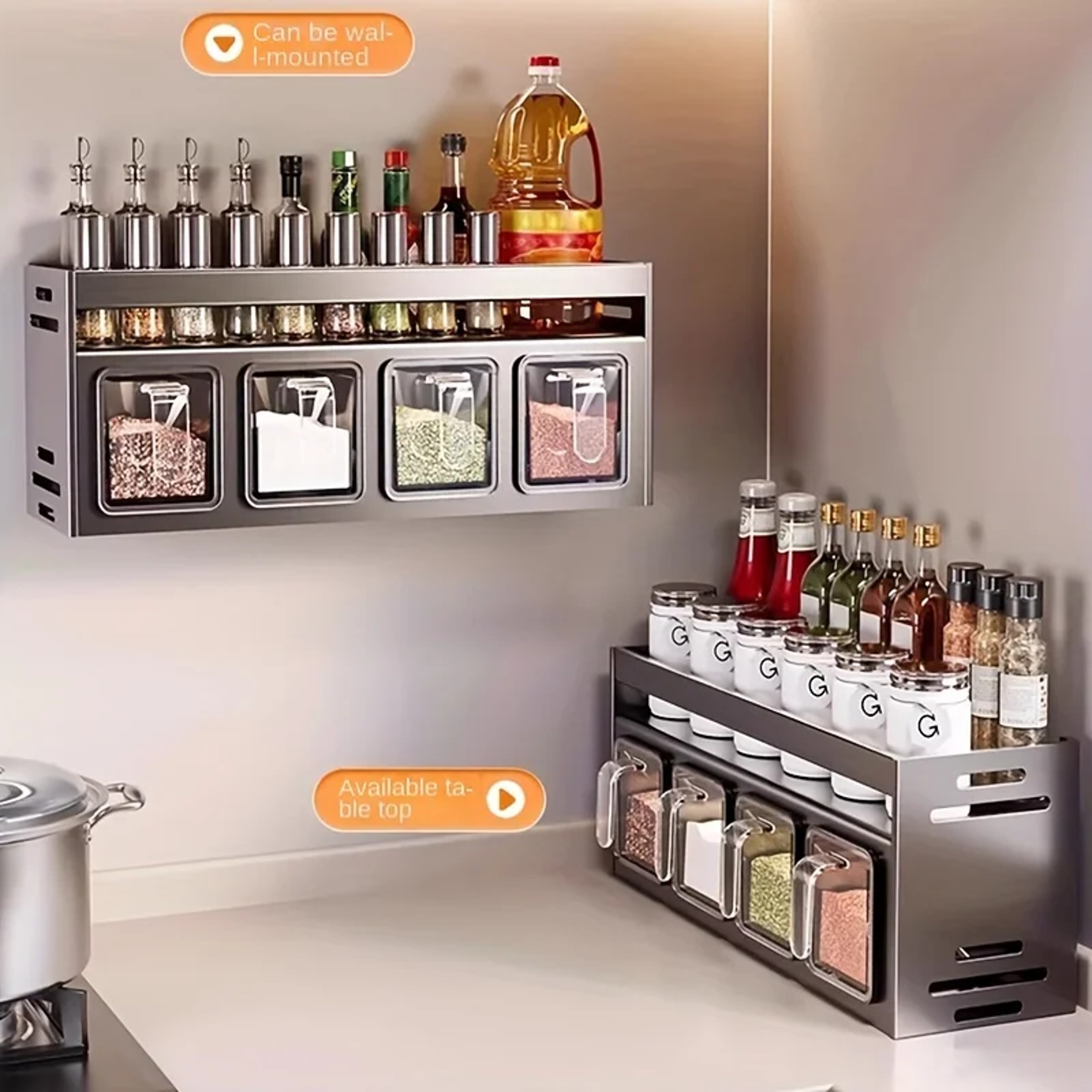 Stainless Steel Wall-Mounted Spice Rack, Multi-Functional Kitchen Storage Organizer – view 2