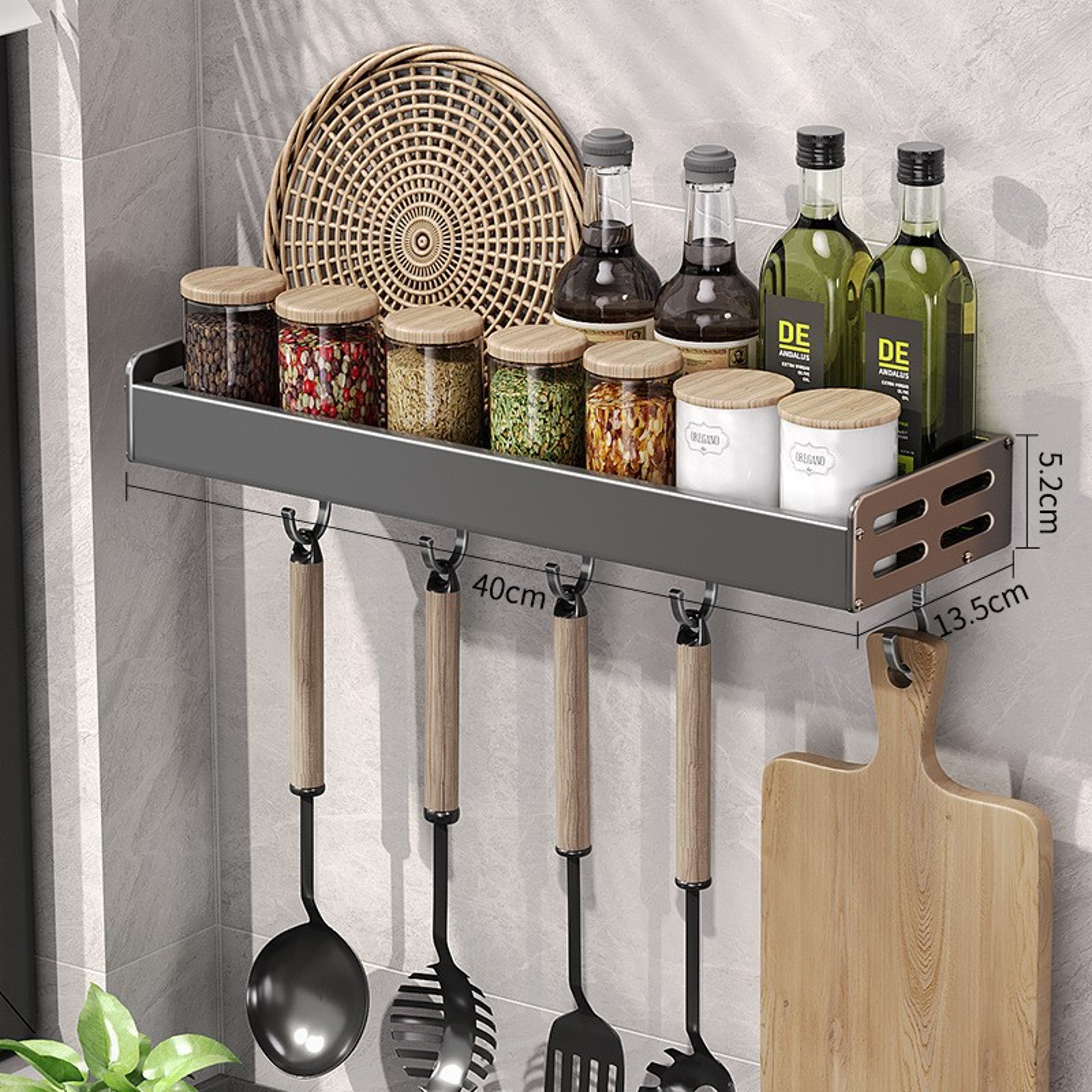 Wall Mount Utensil Holder MultiFunctional Spice Organizer Shelf Kitchen Hanging Storage Wall Shelf  7