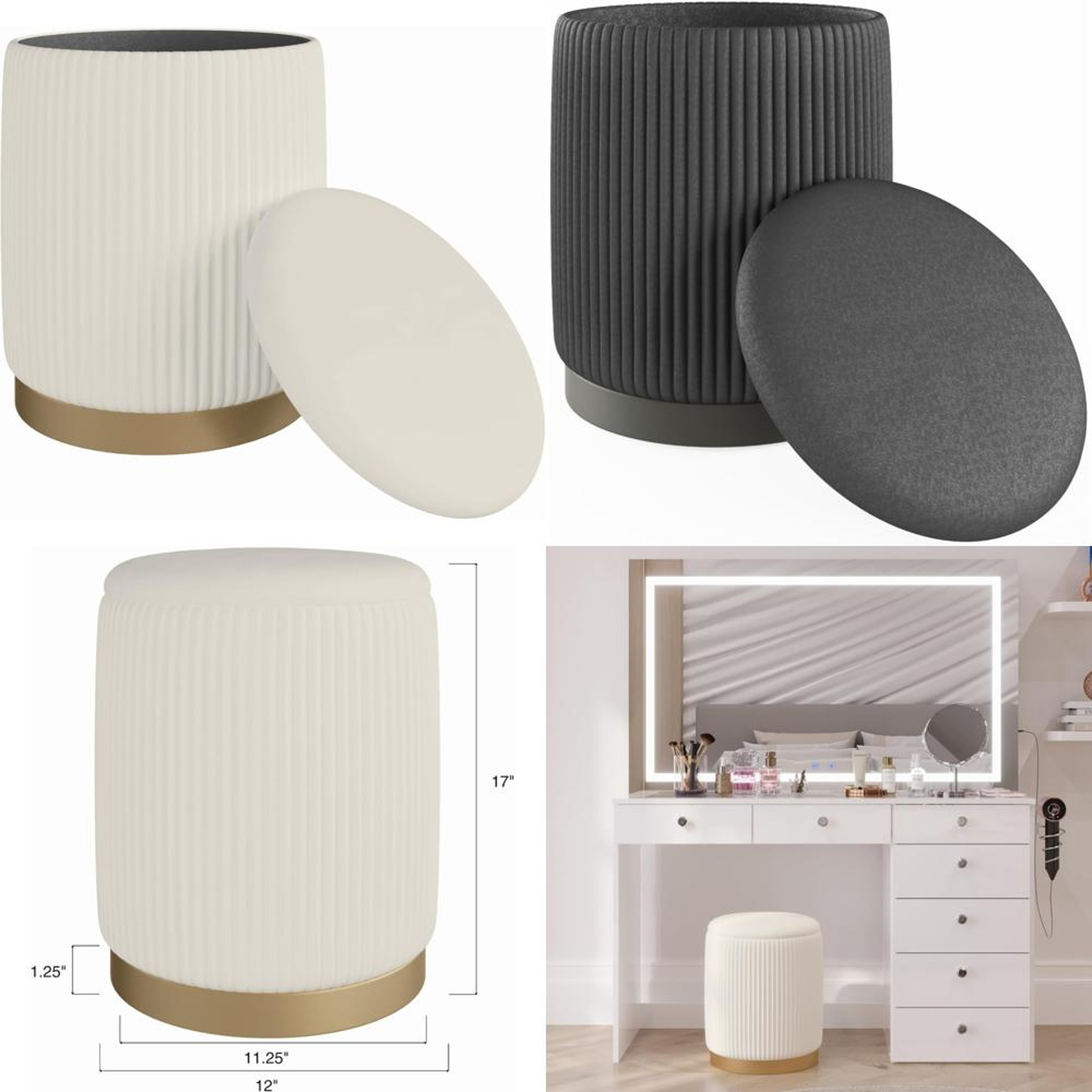 White Velvet Storage Ottoman And Footrest Vanity Stool Round Compact Chair With Hidden Storage For  0