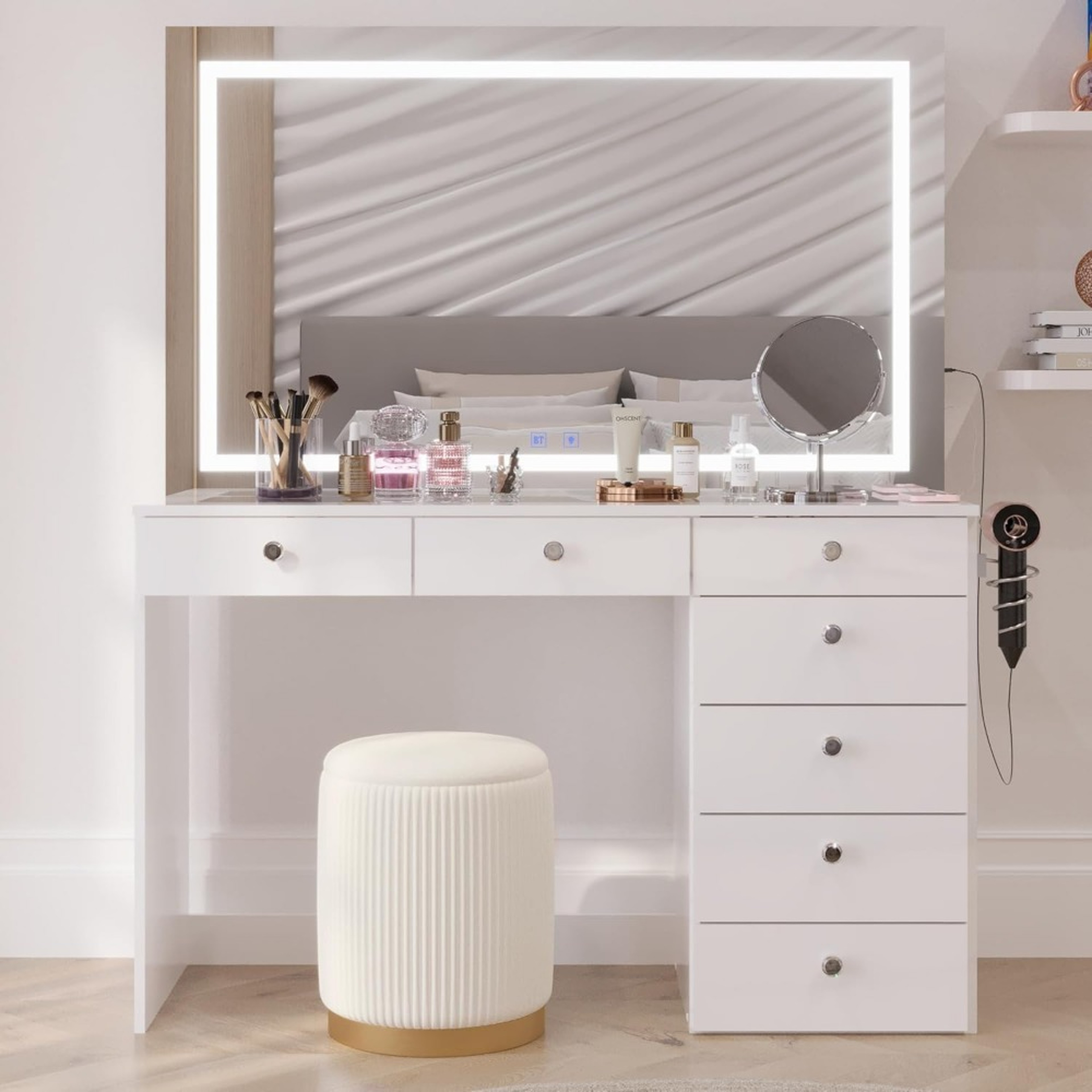 White Velvet Storage Ottoman And Footrest Vanity Stool Round Compact Chair With Hidden Storage For  1