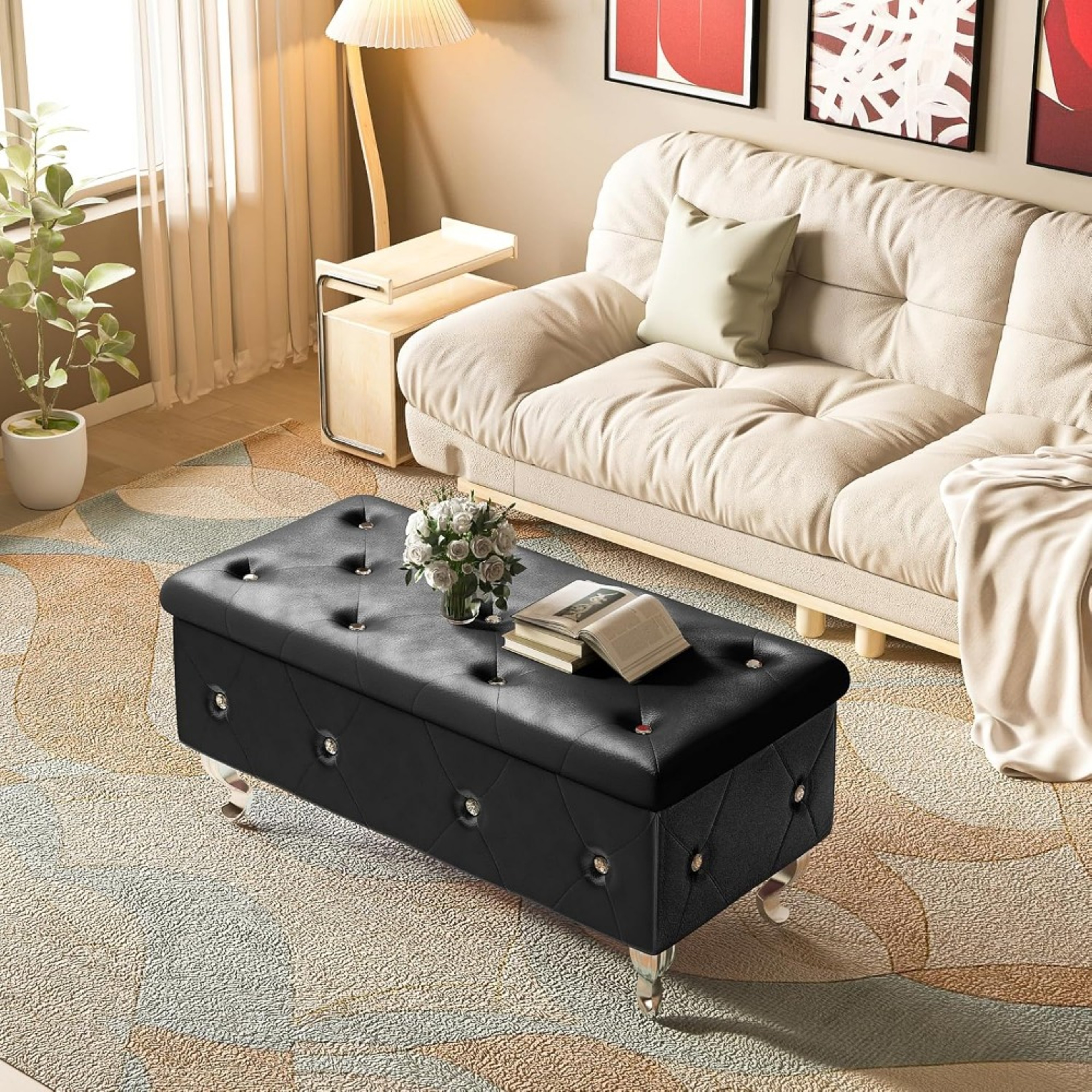 Bedroom Upholstered Storage Ottoman With Legs And Safety Hinge Stylish Footstool For Bedroom Storag 3