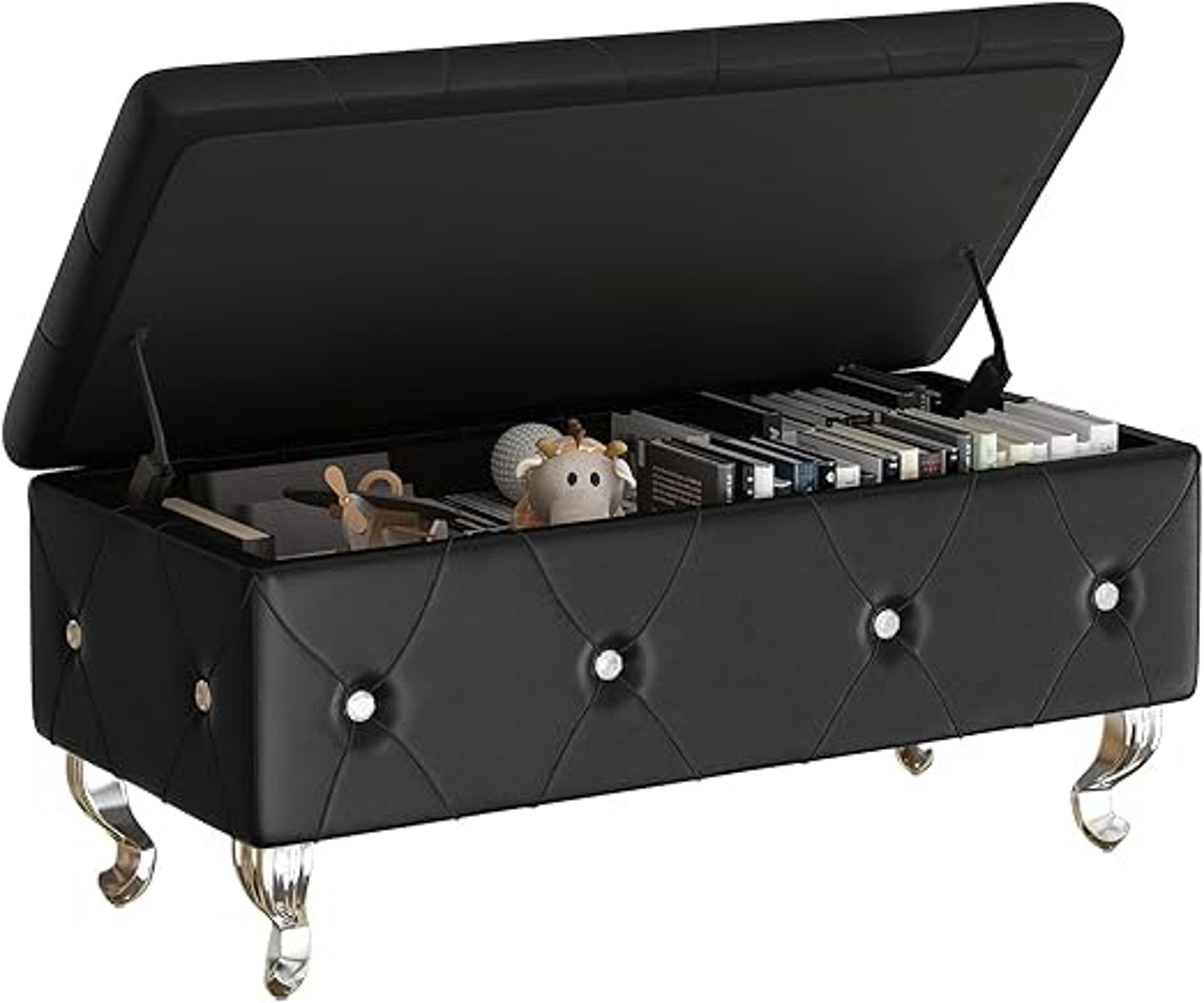 Bedroom Upholstered Storage Ottoman With Legs And Safety Hinge Stylish Footstool For Bedroom Storag 6