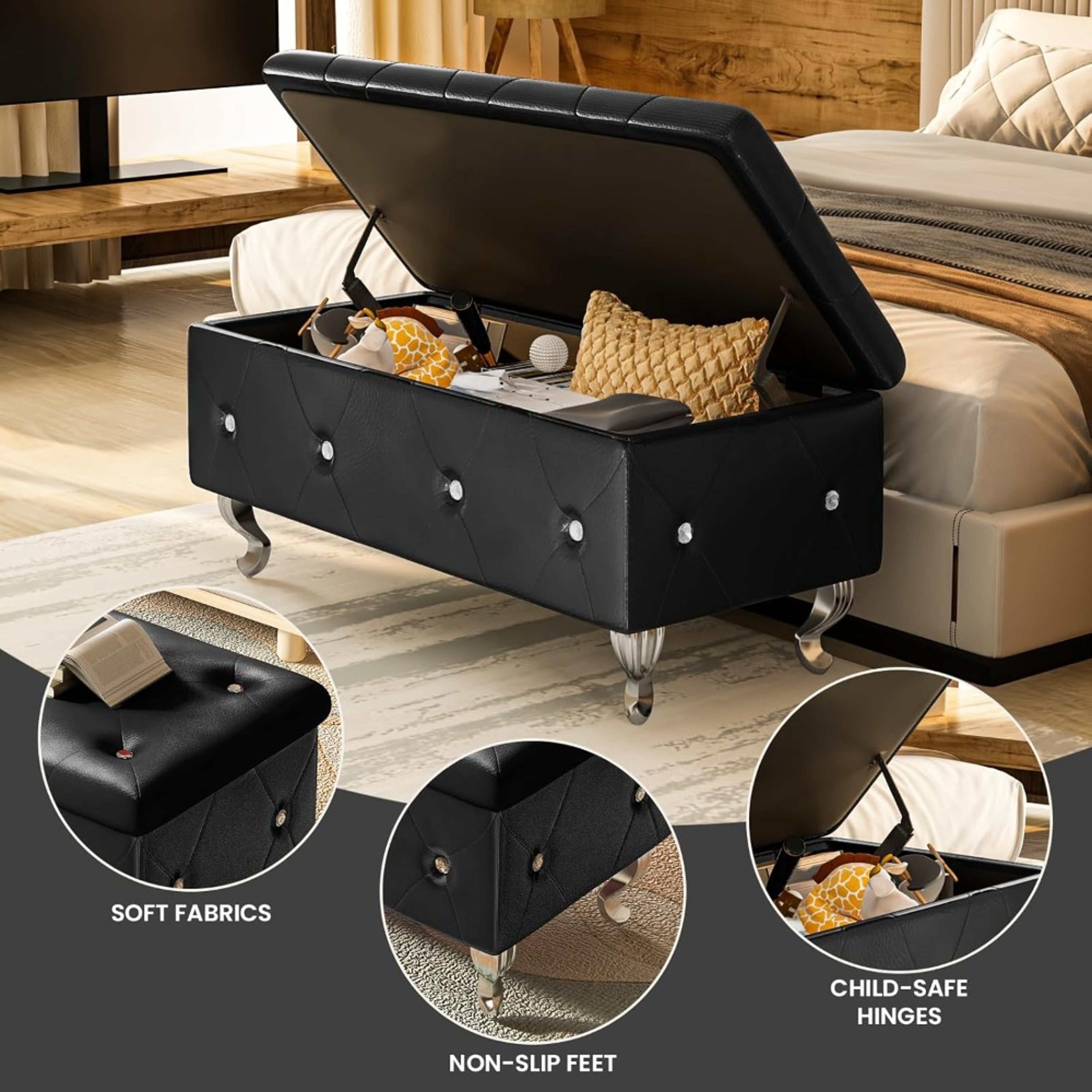 Bedroom Upholstered Storage Ottoman With Legs And Safety Hinge Stylish Footstool For Bedroom Storag 5