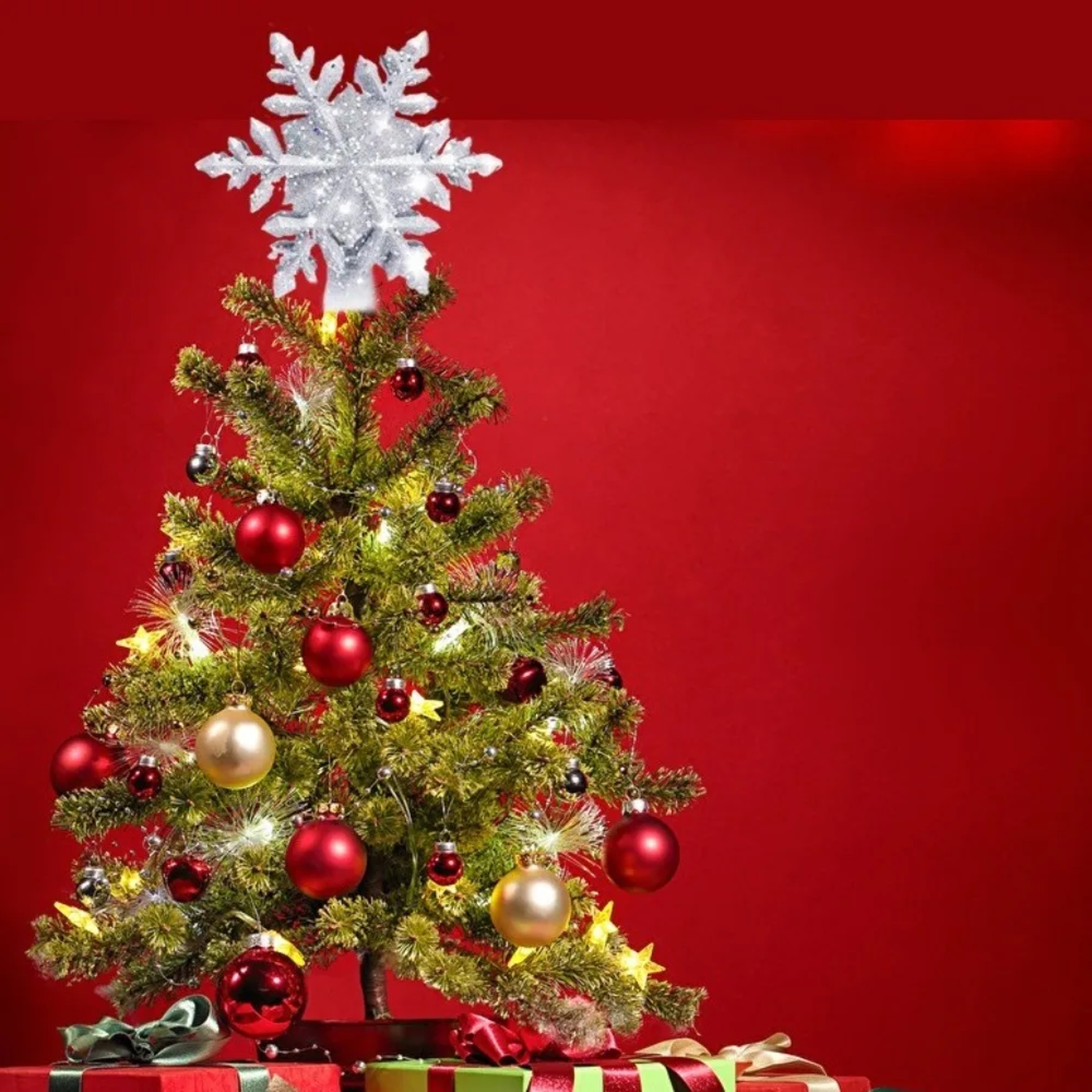 Christmas Tree Topper Lighted Snowflake Tree Topper, Rotating LED Snowflake Projector, 3D Glitter Projector – view 3