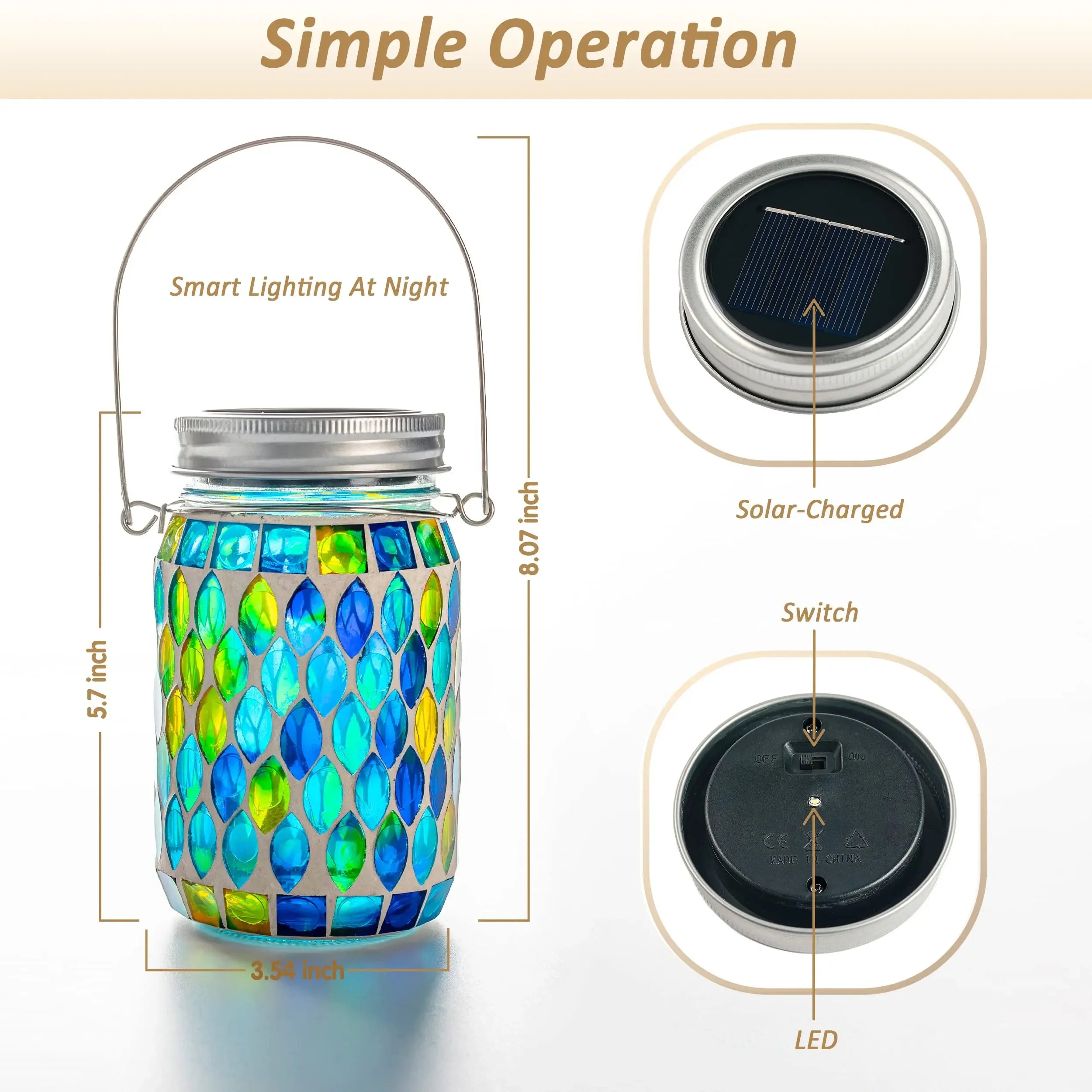 Solar Powered Mosaic Hanging Light Waterproof Glass Table Lamp Outdoor Garden Patio Party Indoor Ou