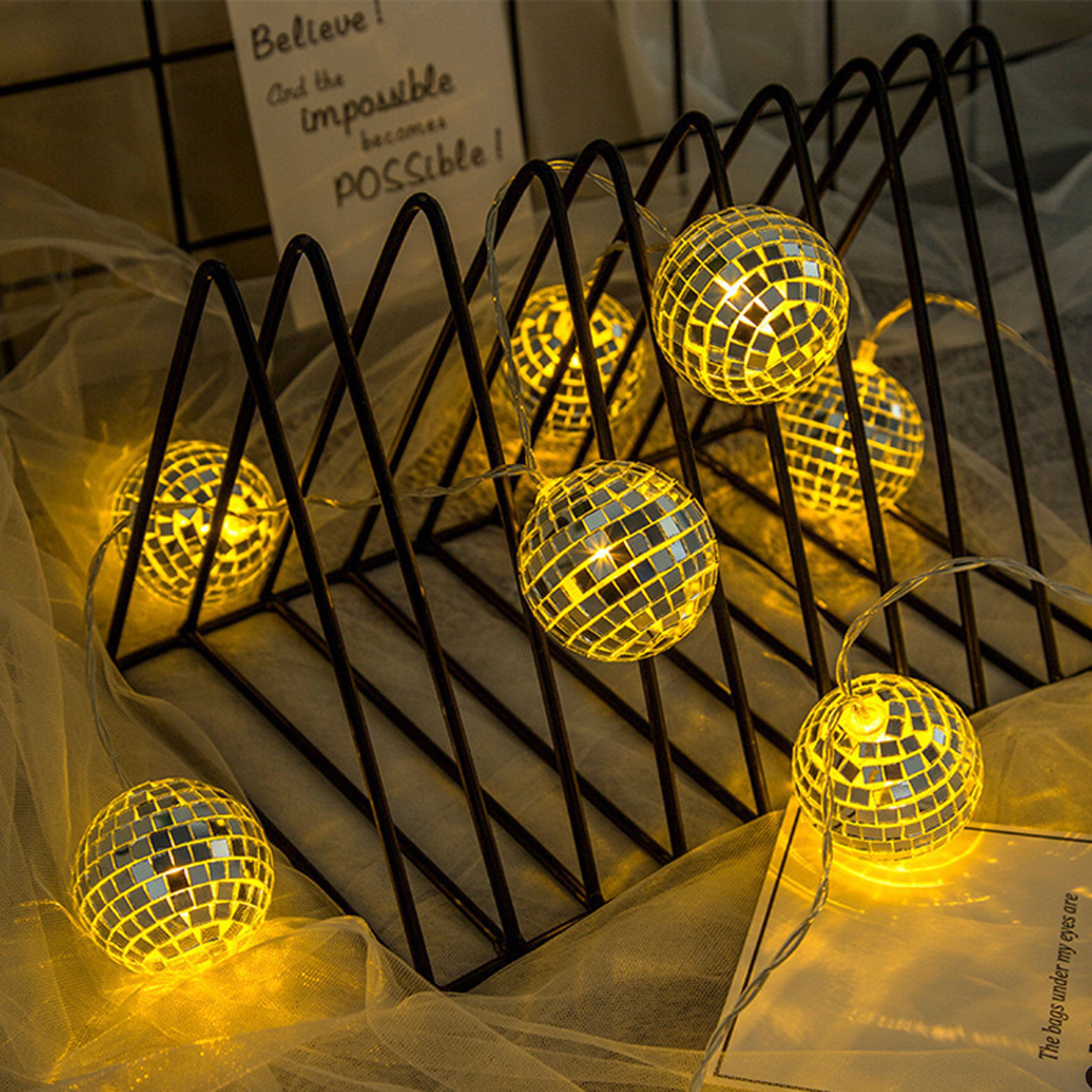 Battery Powered Mirror Ball String Light, Modern Retro Disco Bar, Party Decor, Christmas Ball Lights – view 5
