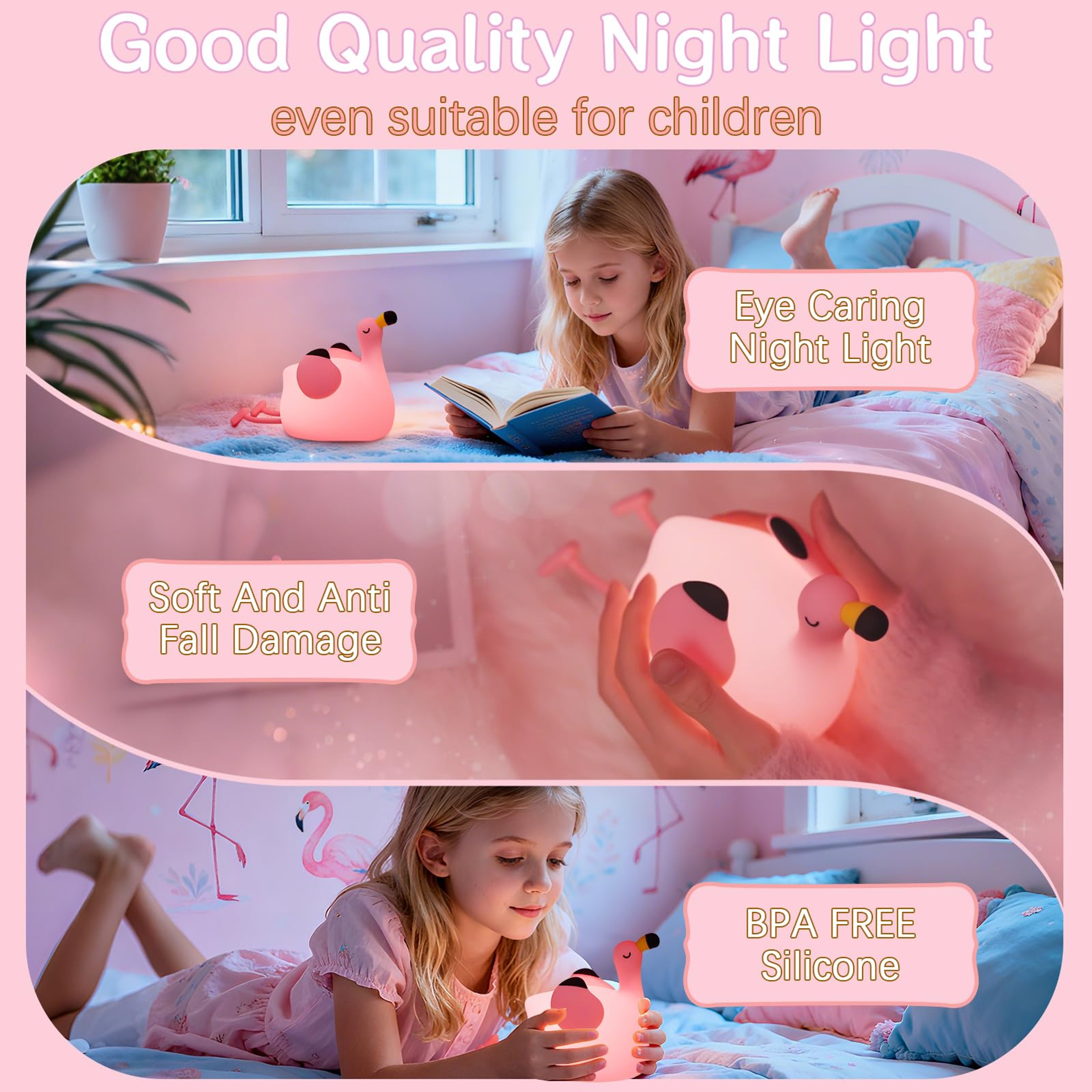 Pink Flamingo Night Light USB Rechargeable Dimmable Silicone Animal Night Lamp For Kids Room Bedroo 4