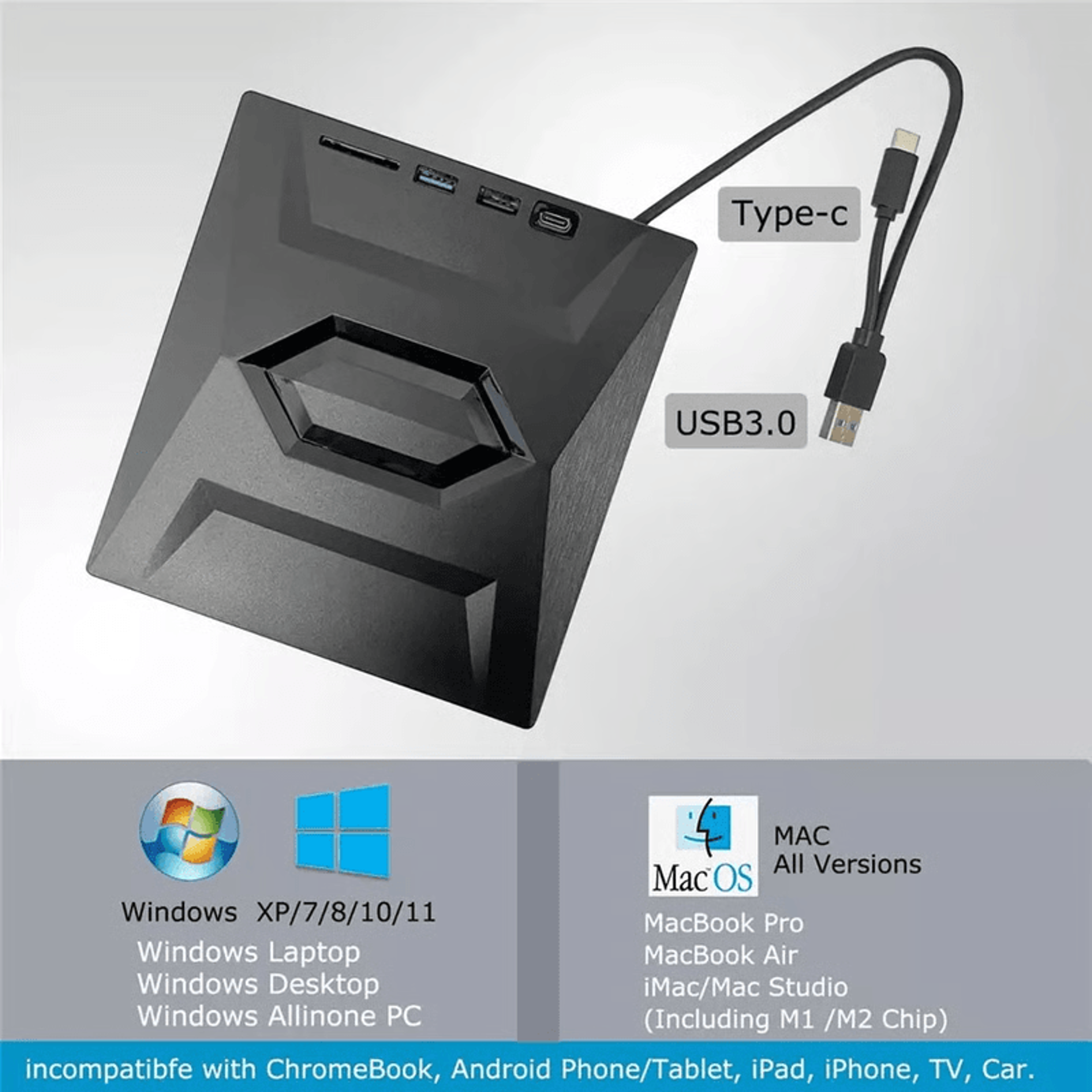 Portable External CD DVD Drive  3in1 Burner  Player For PC Mac  SDUSB Hub 3