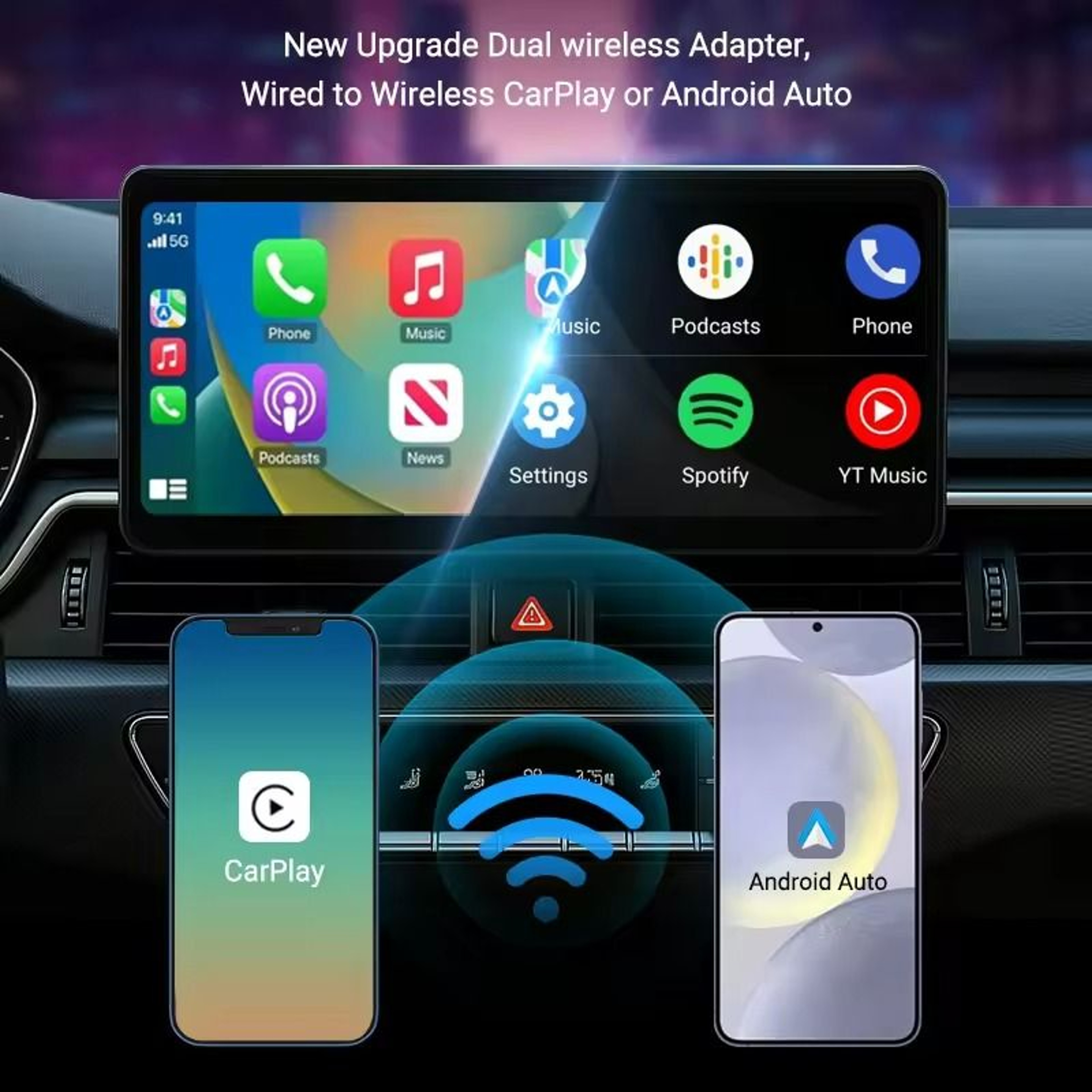 Wireless CarPlay And Android Auto Adapter Low Latency 5GHz Plug And Play 5