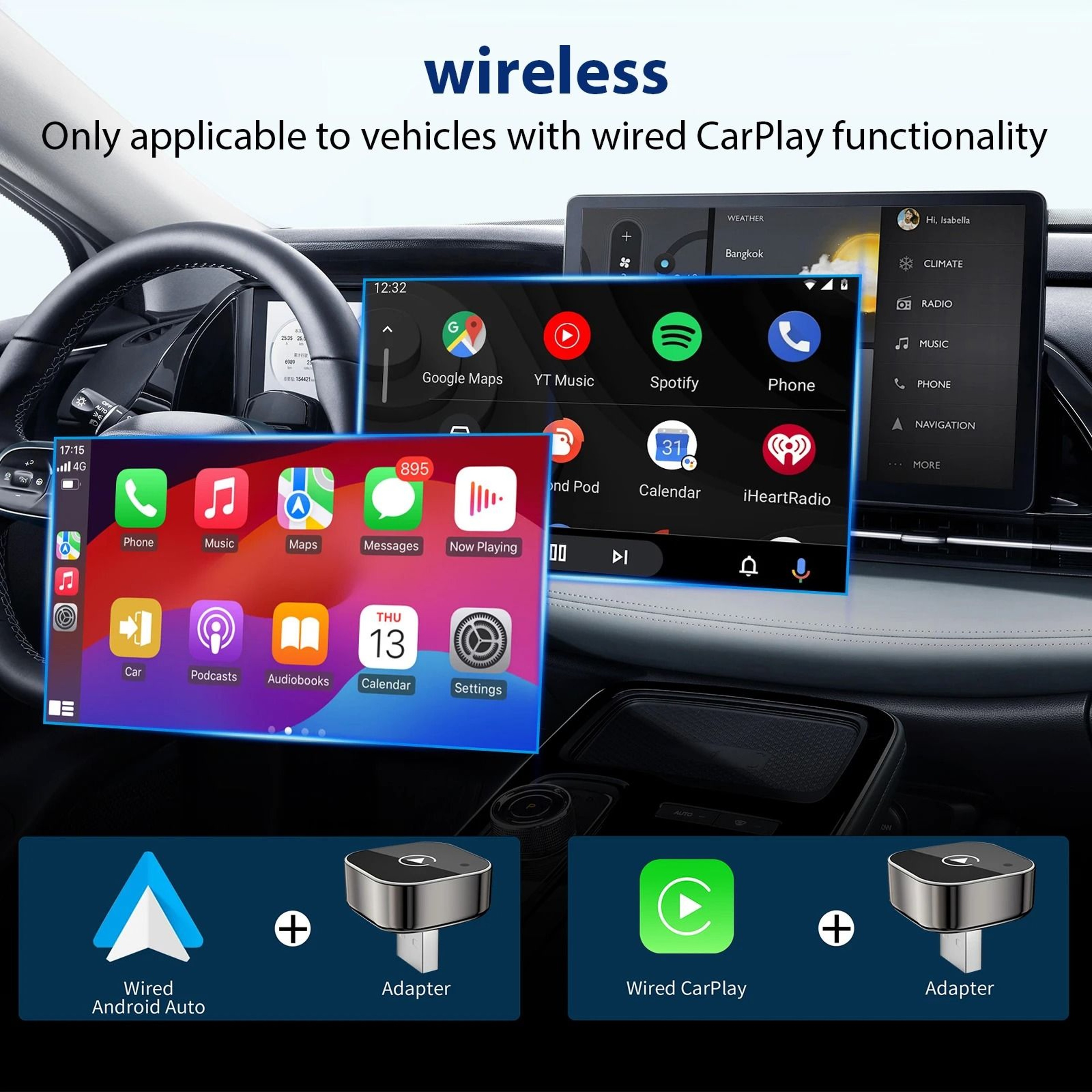 Wireless Car Adapter For CarPlay And Android Auto Plug And Play 1