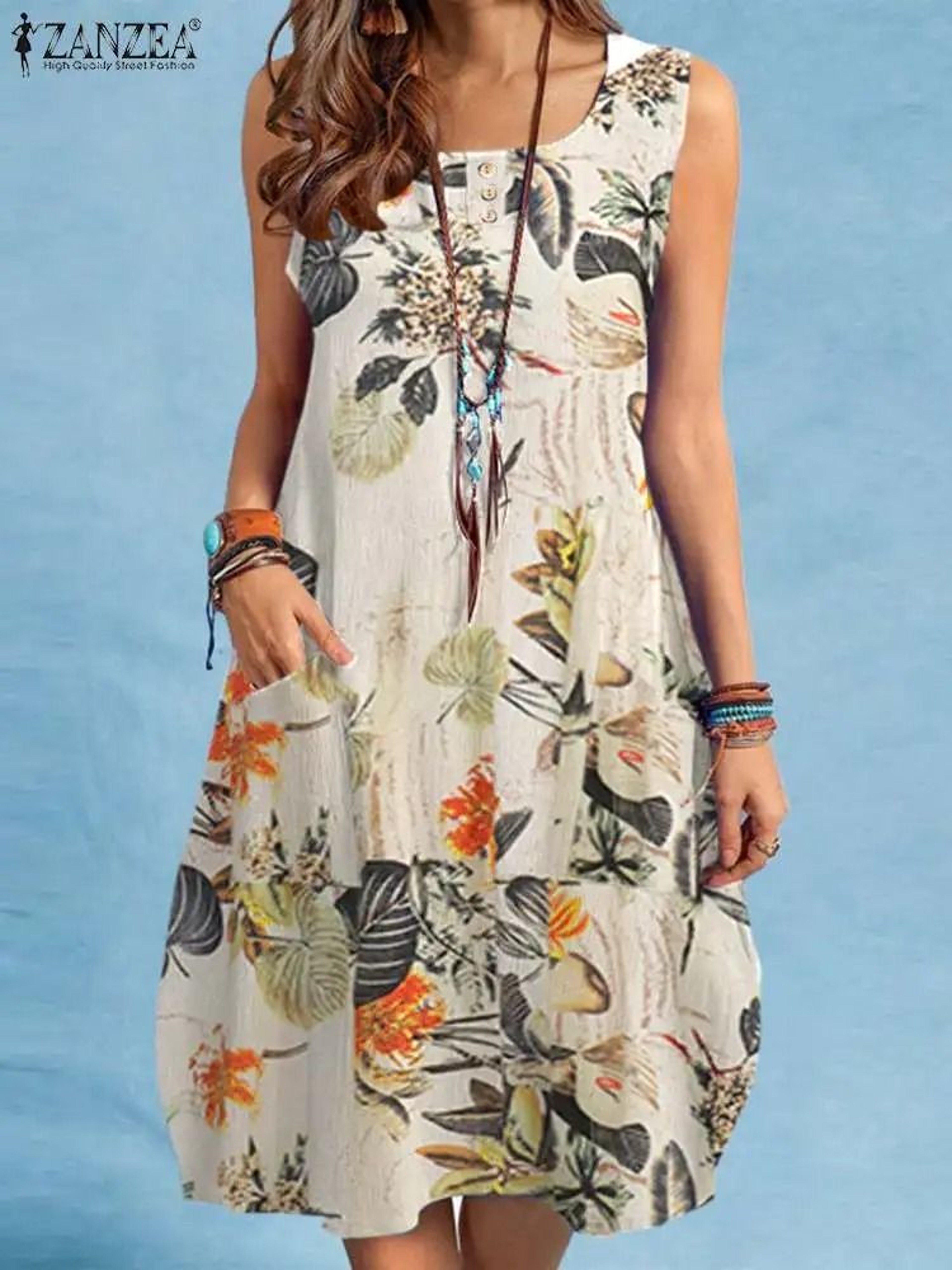 Bohemian Sleeveless Floral Sundress With Side Pockets 1