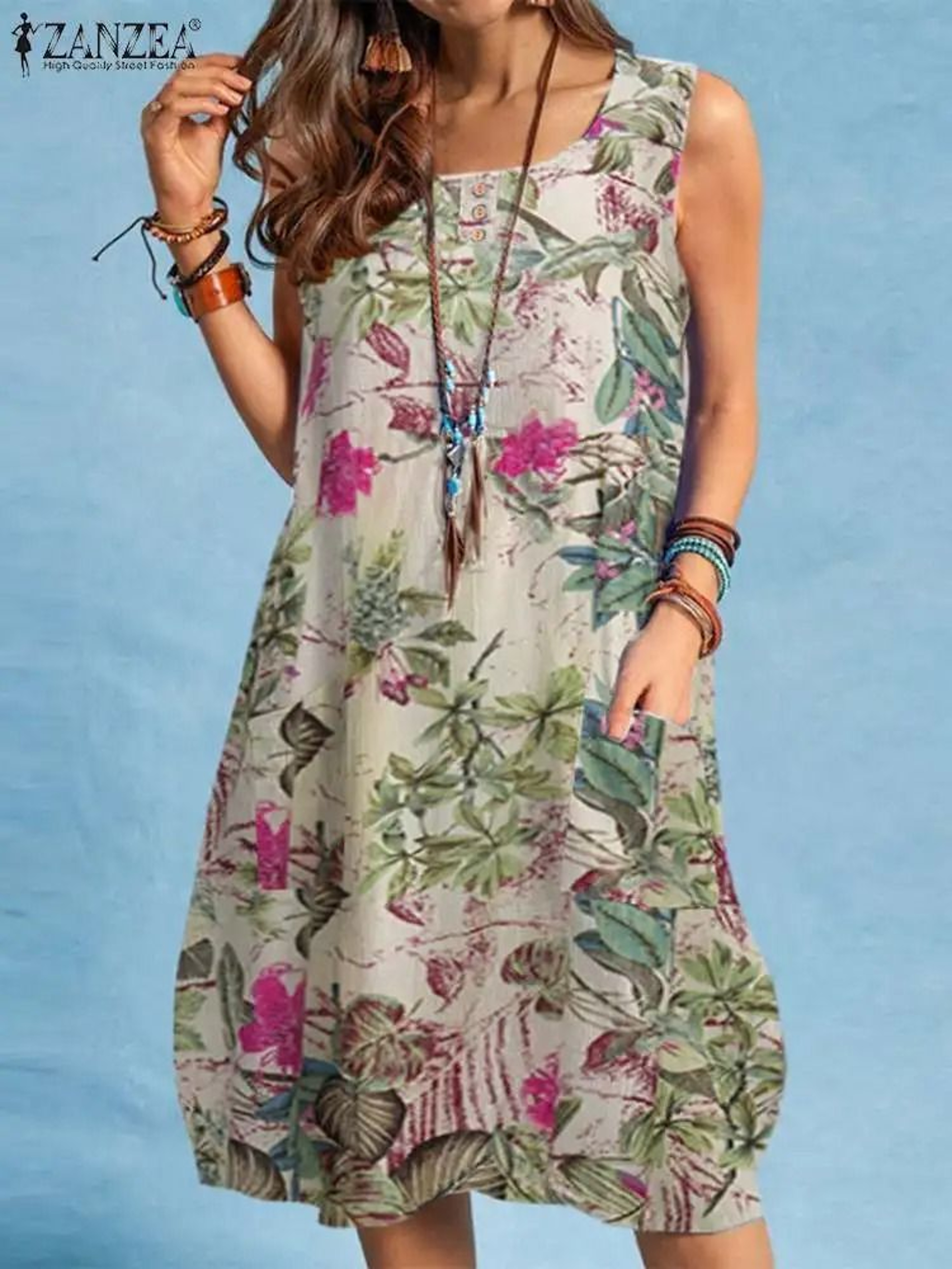 Bohemian Sleeveless Floral Sundress With Side Pockets 9