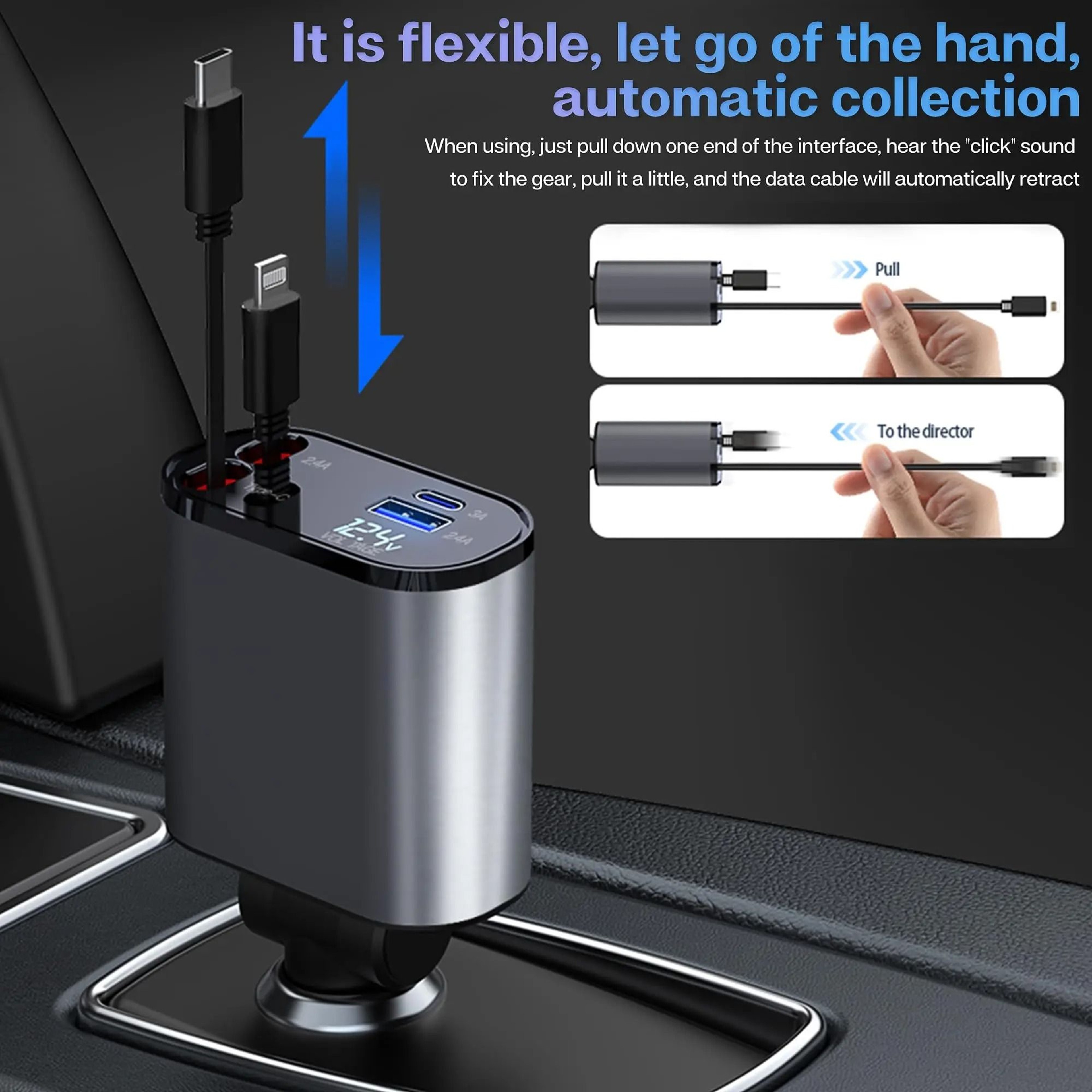 4 In 1 Retractable Car Charger Fast Charging USB PD Type C QC Adapter 5