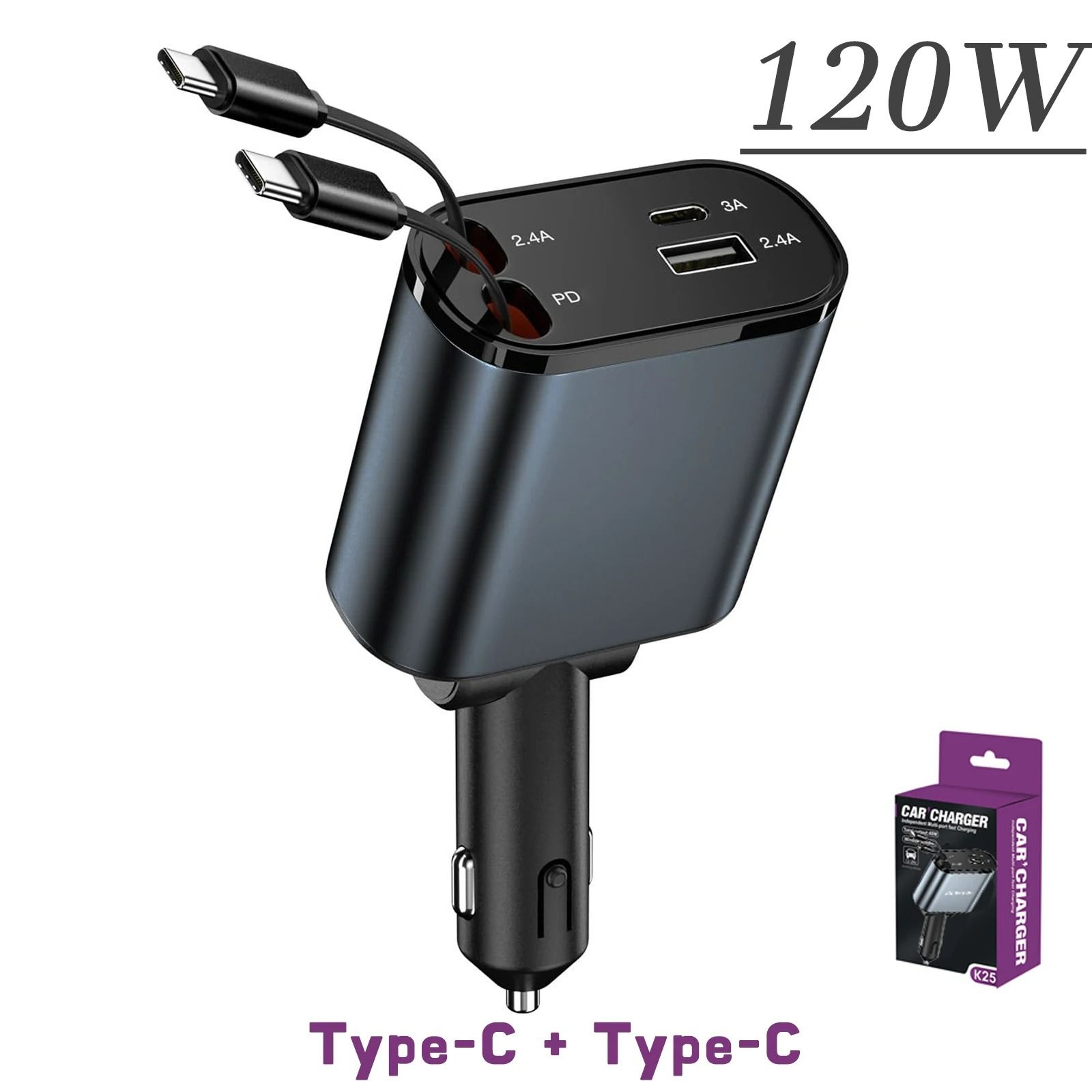 4 In 1 Retractable Car Charger Fast Charging USB PD Type C QC Adapter 8