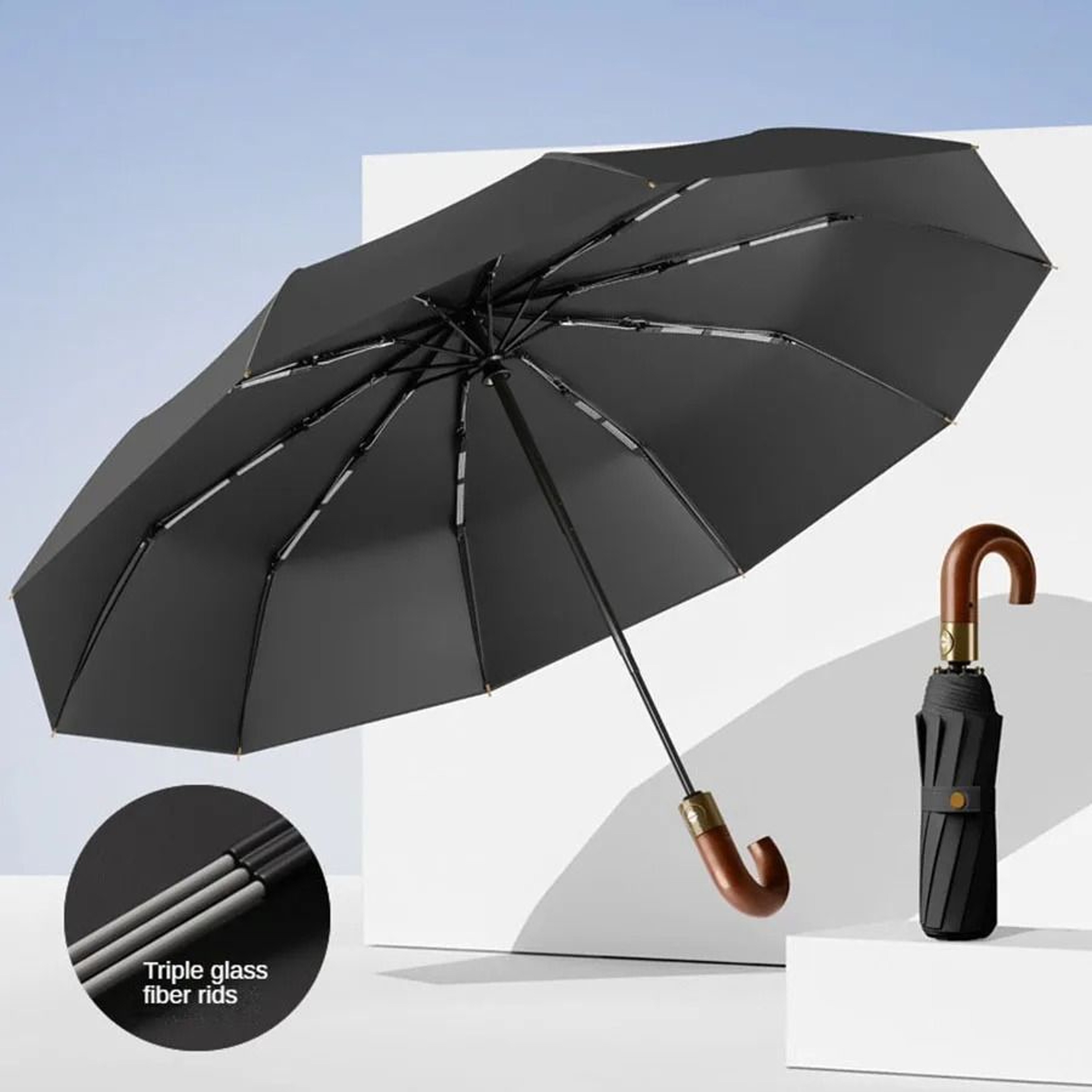 Windproof UV Protection Automatic Folding Umbrella With Curved Handle 6