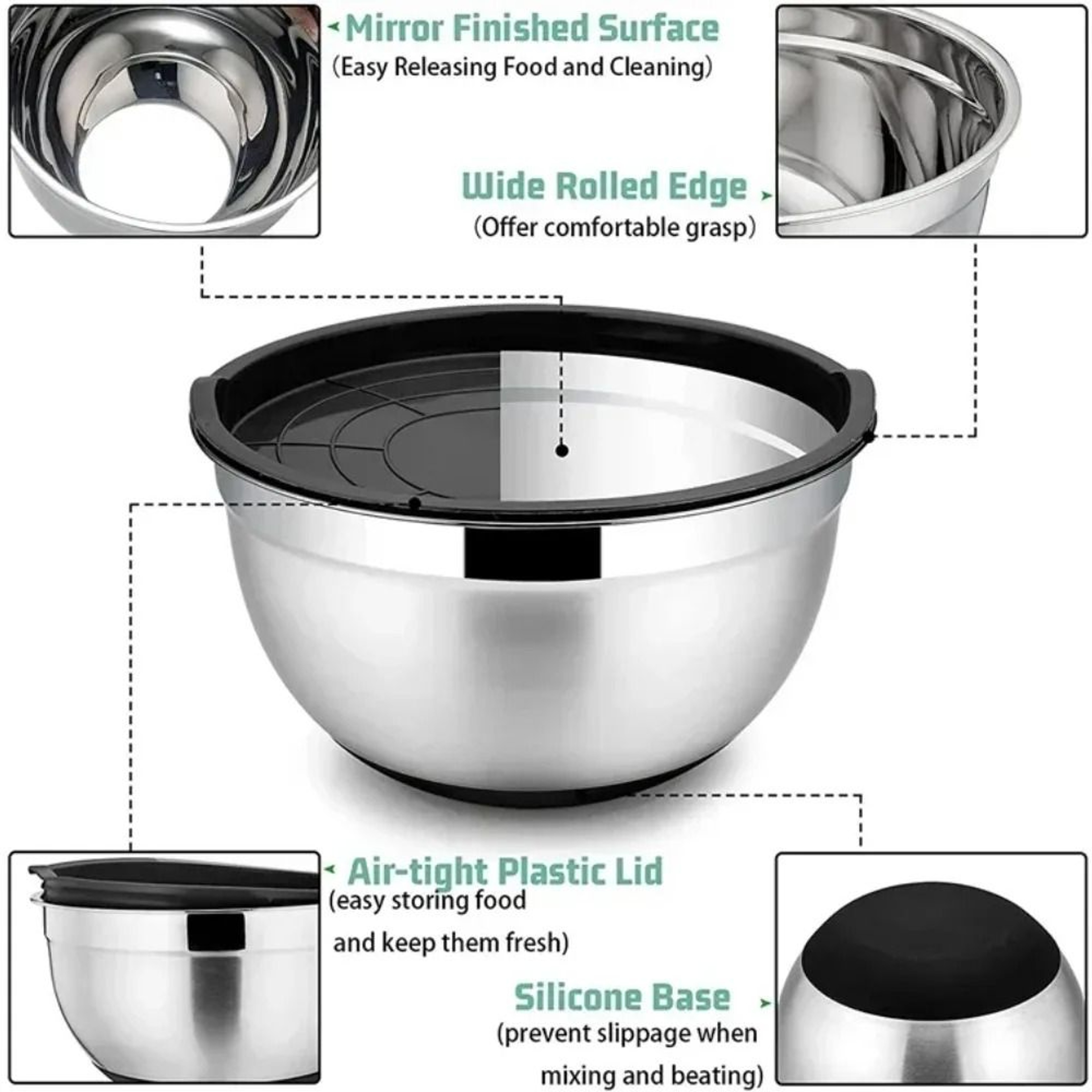 Stainless Steel Mixing Bowl With Lid And Non Slip Silicone Base 1