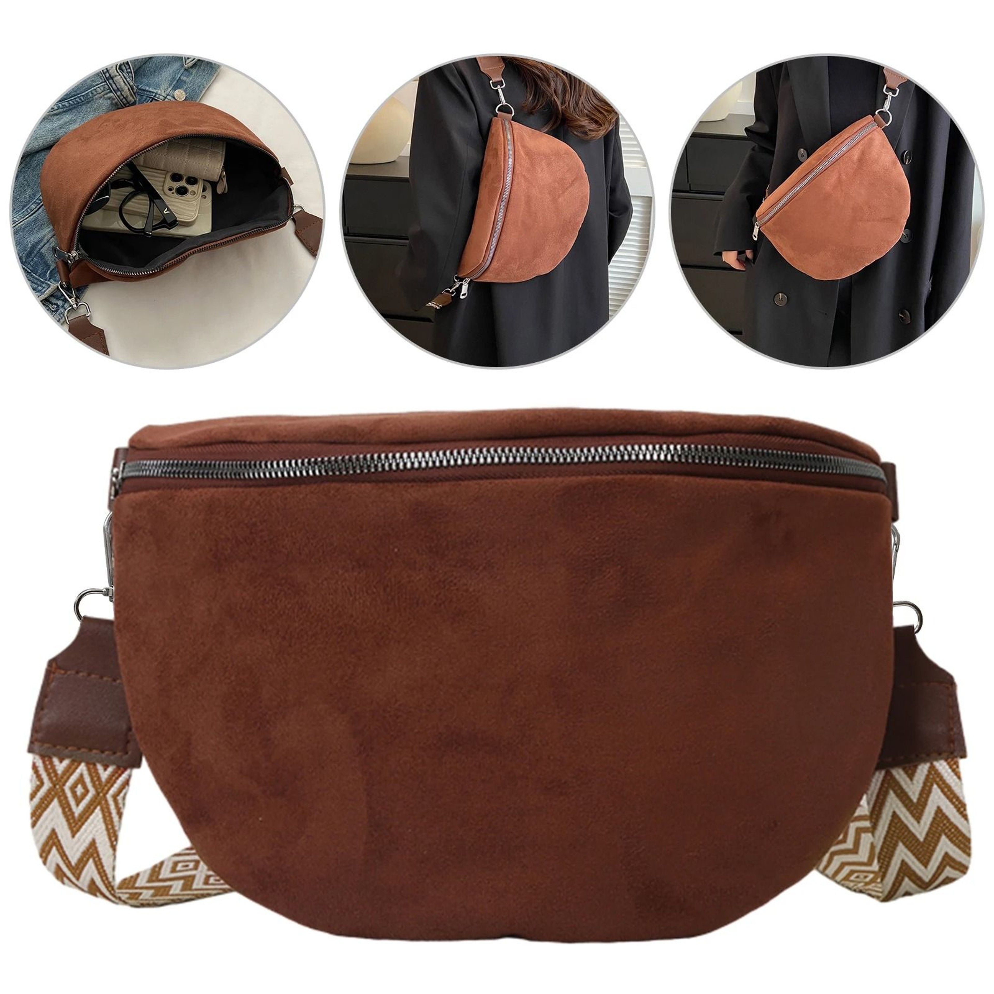 Fashion Suede Women Waist Bag Retro Half Moon Chest Bag With Wide Strap 1