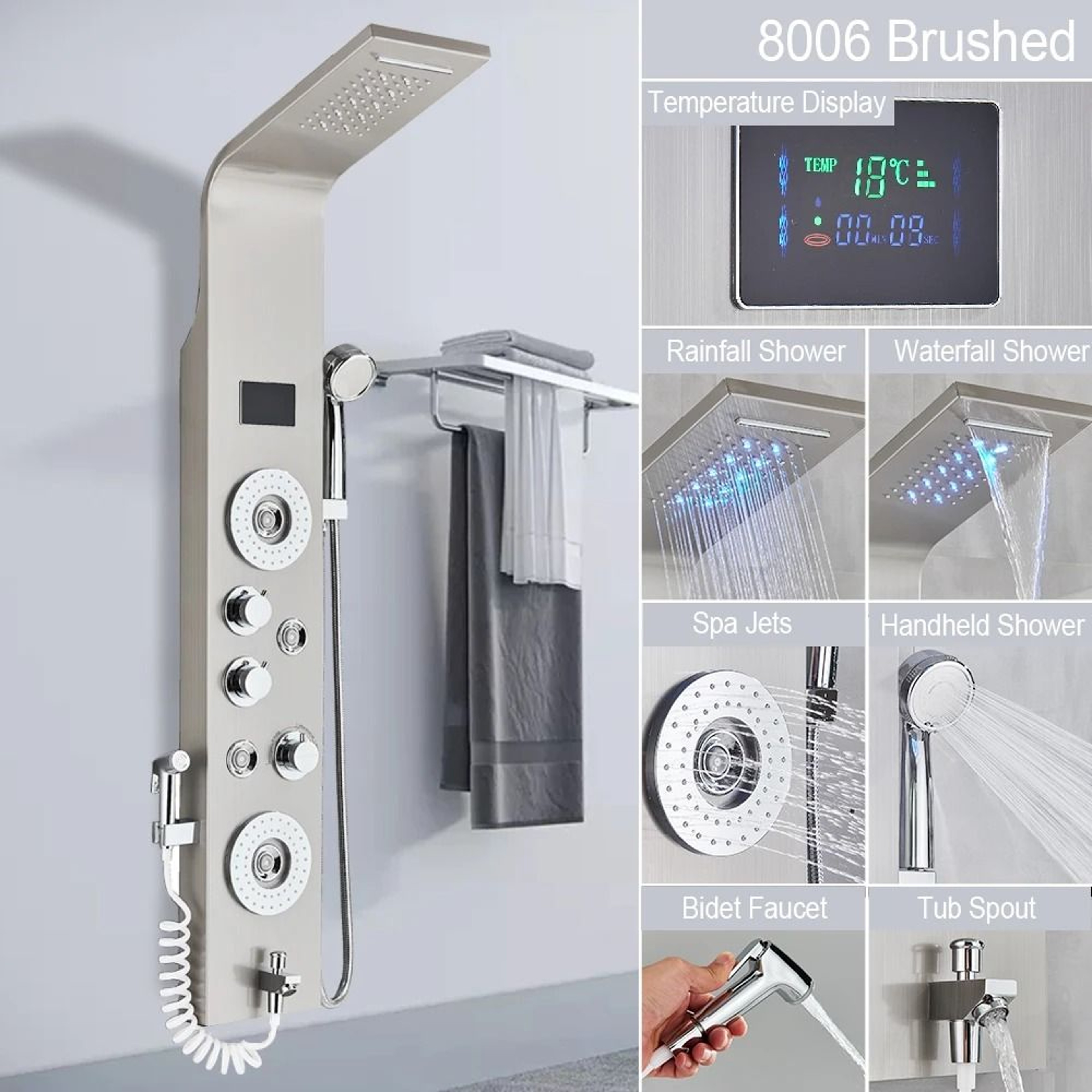 Black LED Light Shower Panel System  Modern Waterfall SPA Massage Column 7