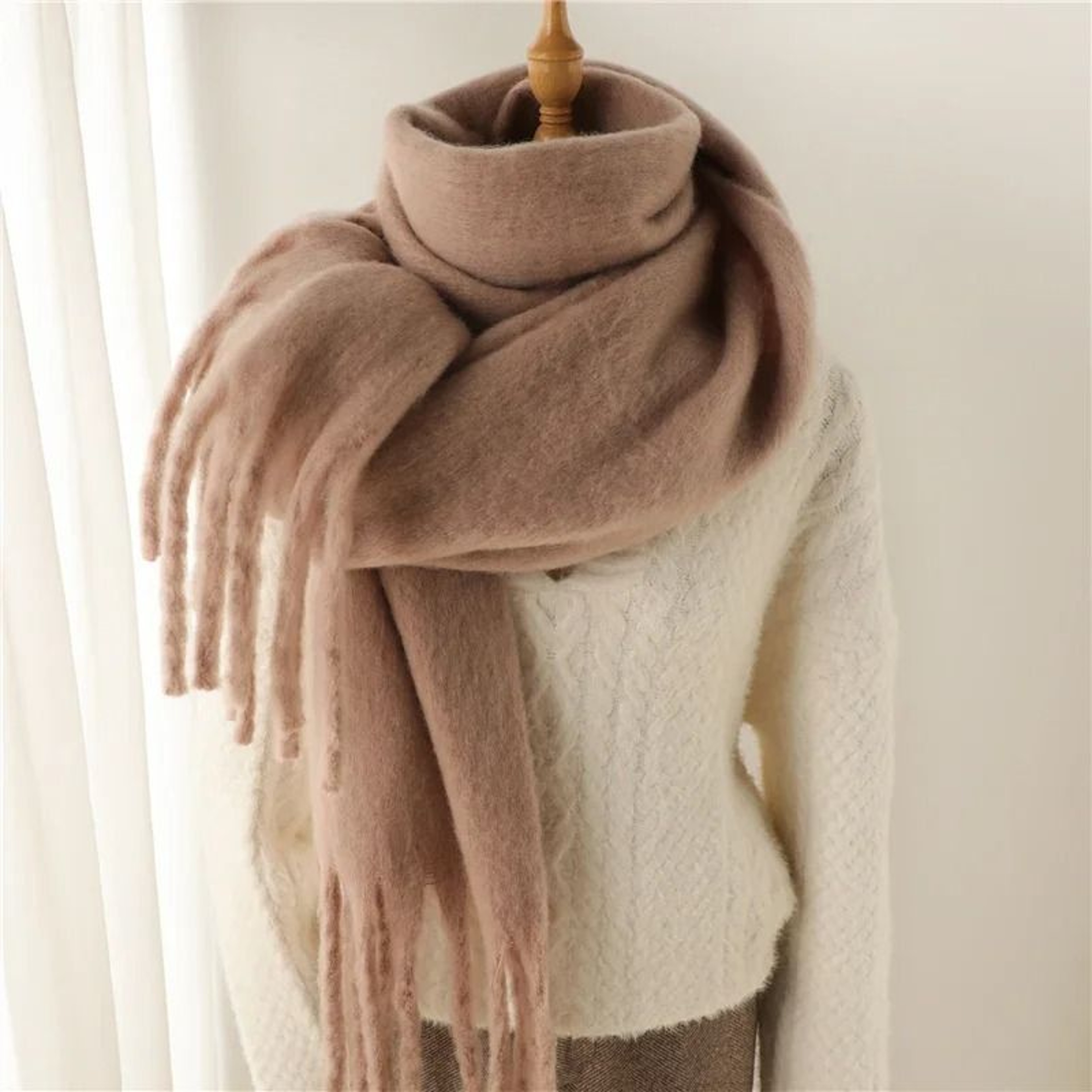 Luxury Winter CashmereFeel Scarf  Extra Long Solid Pashmina Wrap  Thick Tassel Shawl 3